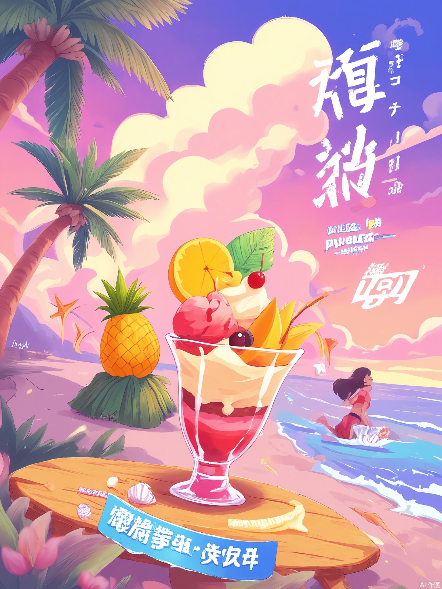SYHB, A surfer girl with a pineapple board rides a wave of melted ice cream, with coconut palm trees and seashell speakers blasting tropical tunes under a mango-sunset sky.
