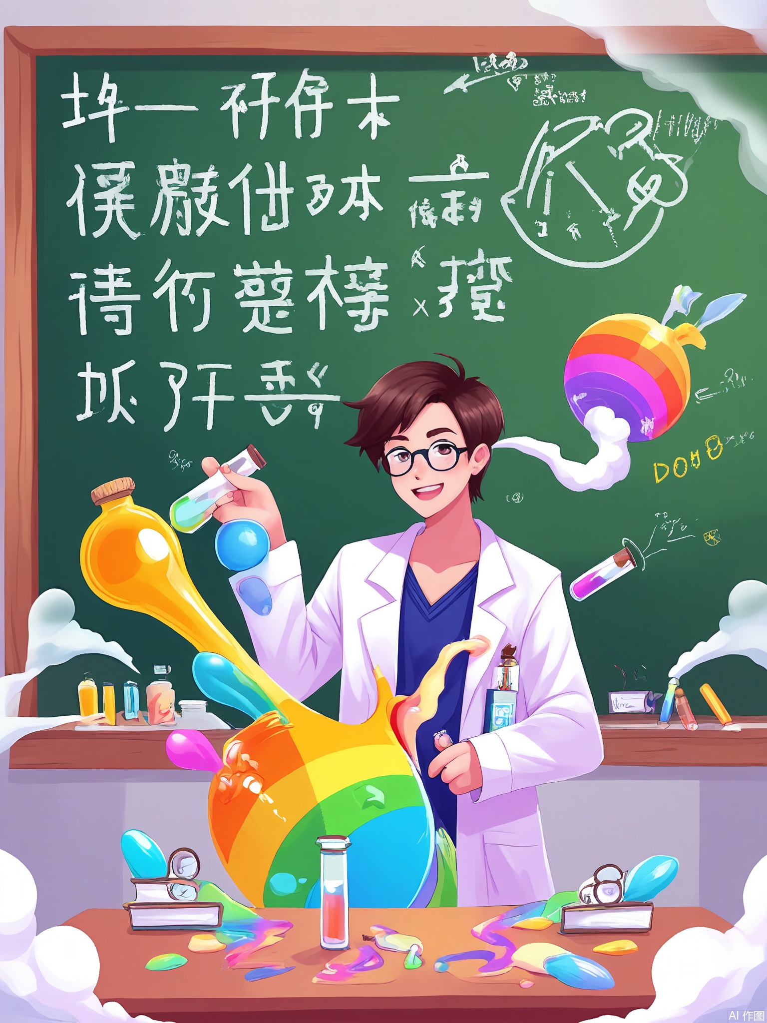 SYHB, Scientists mixing potions in a lab filled with floating test tubes, rainbow-colored liquids, and a chalkboard with equations made of candy.
