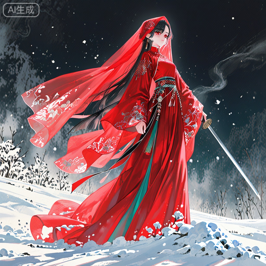 (((jiayi_clothes,red jiayi_clothes))),red head veil,long veil,
(artist:quasarcake:0.8),extreme aesthetic,(wlop:0.6),(honjou raita,lack,rella,wanke:0.5),
masterpiece,best quality,good quality,newest,year 2024,year 2023,very aesthetic,absurdres,Visual impact,
ultra-high resolution,32K UHD,sharp focus,best-quality,masterpiece,Emotionalization,masterpiece,masterful details,
1girl,long hair,standing on snow,holding a sword,looking back,
