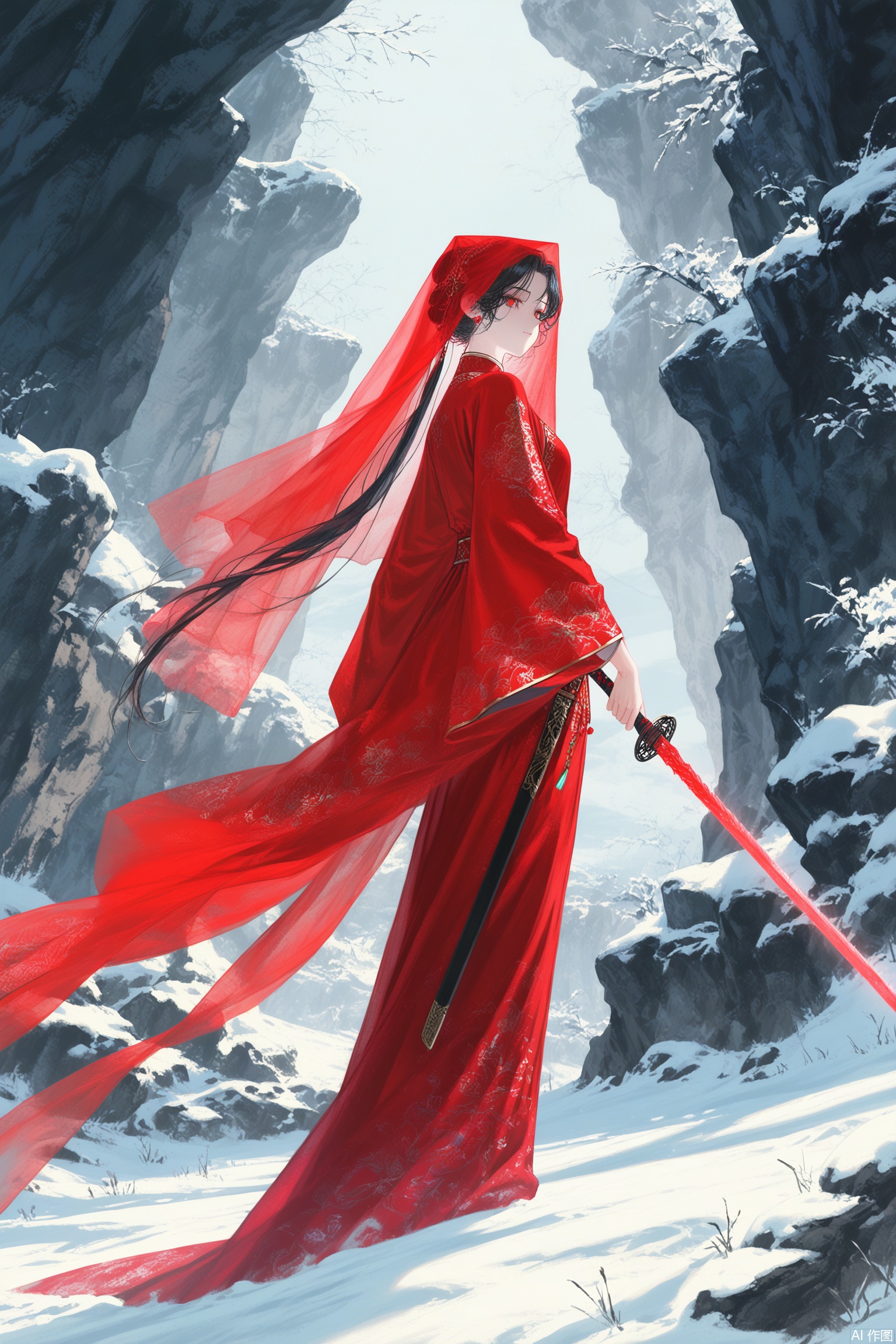 (((jiayi_clothes,red jiayi_clothes))),red head veil,long veil,
(artist:quasarcake:0.8),extreme aesthetic,(wlop:0.6),(honjou raita,lack,rella,wanke:0.5),
masterpiece,best quality,good quality,newest,year 2024,year 2023,very aesthetic,absurdres,Visual impact,
ultra-high resolution,32K UHD,sharp focus,best-quality,masterpiece,Emotionalization,masterpiece,masterful details,
1girl,long hair,standing on snow,holding a sword,looking back,