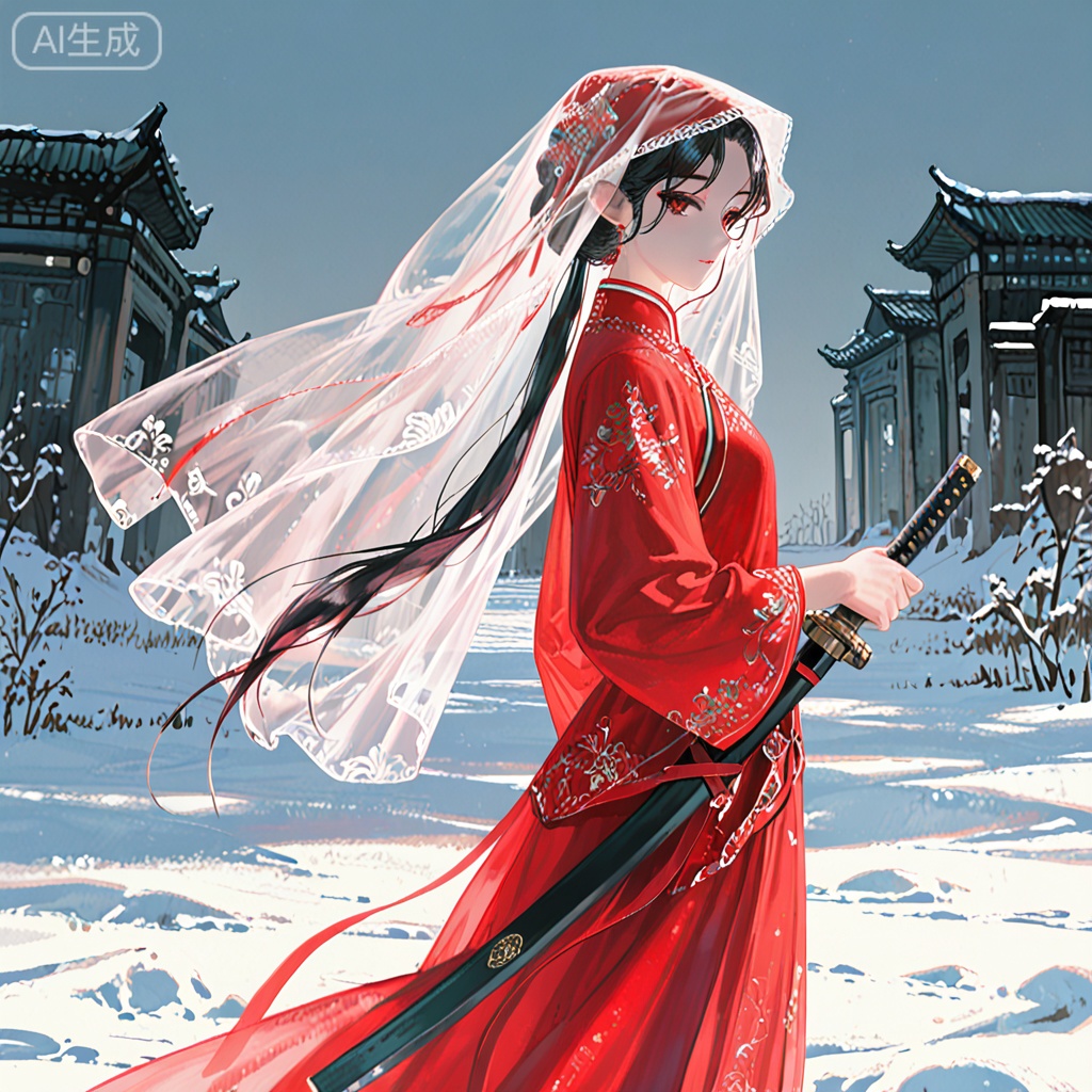 (((jiayi_clothes,red jiayi_clothes))),red head veil,long veil,
(artist:quasarcake:0.8),extreme aesthetic,(wlop:0.6),(honjou raita,lack,rella,wanke:0.5),
masterpiece,best quality,good quality,newest,year 2024,year 2023,very aesthetic,absurdres,Visual impact,
ultra-high resolution,32K UHD,sharp focus,best-quality,masterpiece,Emotionalization,masterpiece,masterful details,
1girl,long hair,standing on snow,holding a sword,looking back,