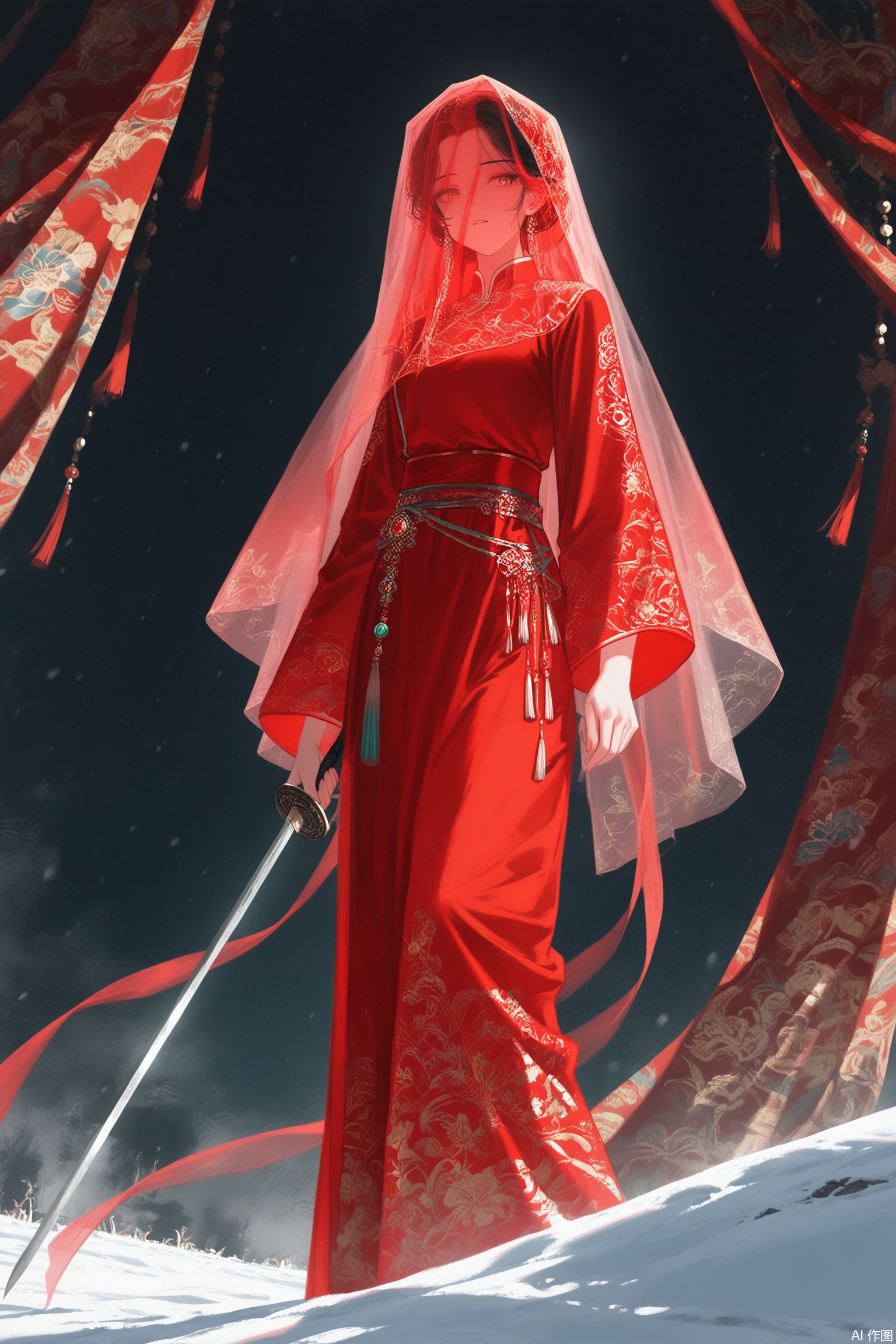 (((jiayi_clothes,red jiayi_clothes))),red head veil,long veil,
(artist:quasarcake:0.8),extreme aesthetic,(wlop:0.6),(honjou raita,lack,rella,wanke:0.5),
masterpiece,best quality,good quality,newest,year 2024,year 2023,very aesthetic,absurdres,Visual impact,
ultra-high resolution,32K UHD,sharp focus,best-quality,masterpiece,Emotionalization,masterpiece,masterful details,
1girl,long hair,standing on snow,holding a sword,looking back,