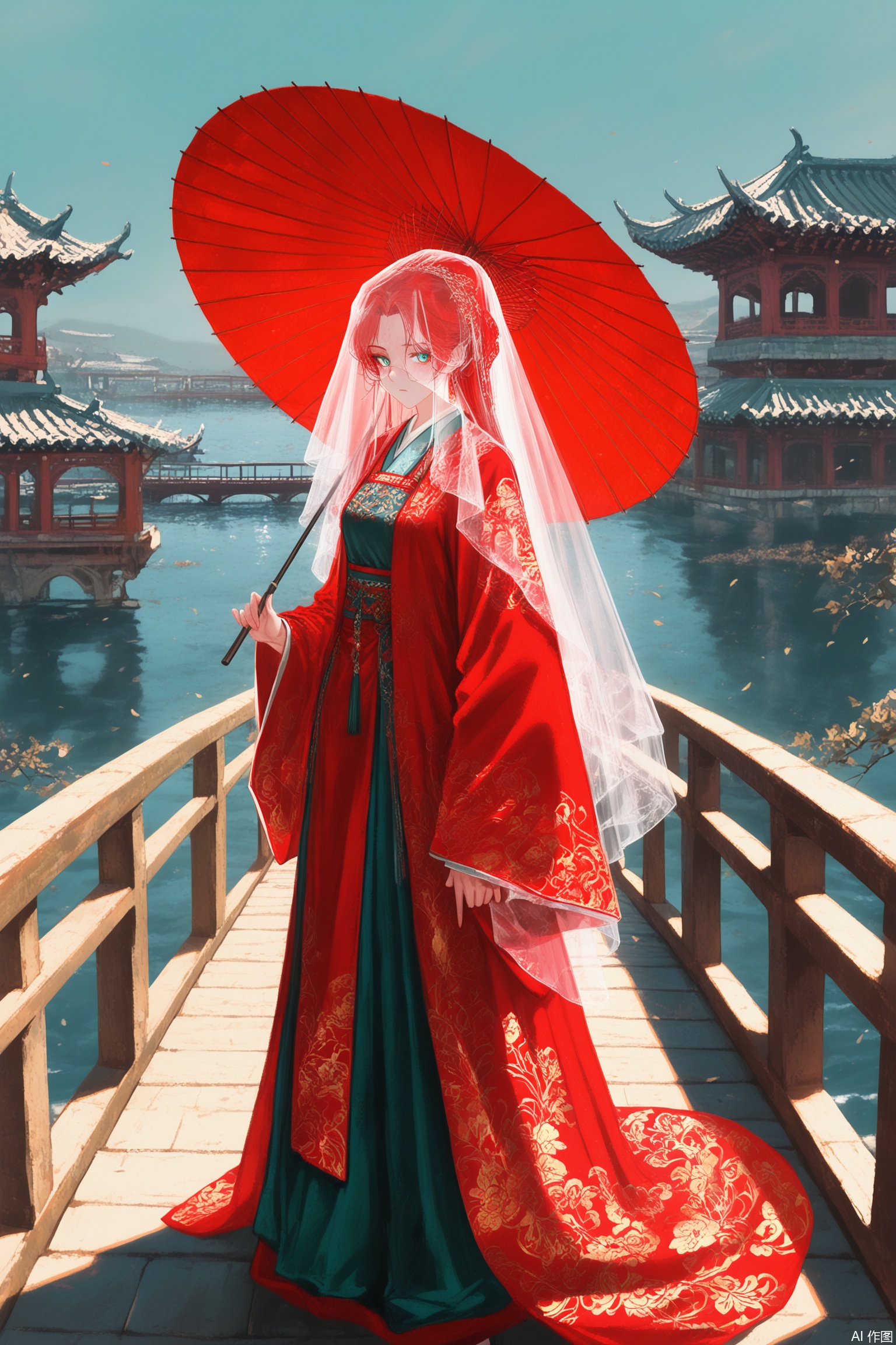 jiayi_clothes,red jiayi_clothes,red head veil,long veil,
(artist:quasarcake:0.8),extreme aesthetic,(wlop:0.6),(honjou raita,lack,rella,wanke:0.5),
masterpiece,best quality,good quality,newest,year 2024,year 2023,very aesthetic,absurdres,Visual impact,
ultra-high resolution,32K UHD,sharp focus,best-quality,masterpiece,Emotionalization,masterpiece,masterful details,
1girl,long hair,sStanding on a Chinese wooden bridge with a red umbrella in hand,looking back,
