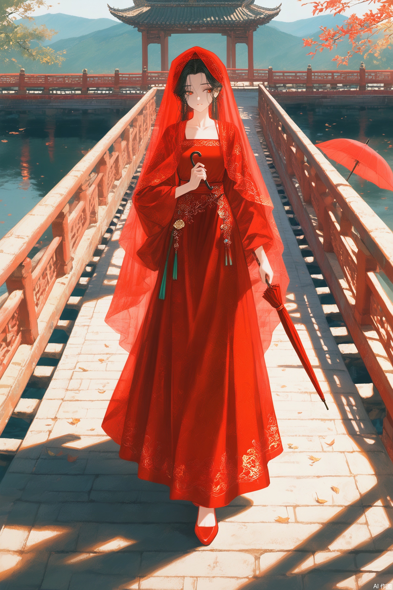 (((jiayi_clothes,red jiayi_clothes))),red head veil,long veil,
(artist:quasarcake:0.8),extreme aesthetic,(wlop:0.6),(honjou raita,lack,rella,wanke:0.5),
masterpiece,best quality,good quality,newest,year 2024,year 2023,very aesthetic,absurdres,Visual impact,
ultra-high resolution,32K UHD,sharp focus,best-quality,masterpiece,Emotionalization,masterpiece,masterful details,
1girl,long hair,Standing on a Chinese wooden bridge with a red umbrella in hand,looking back,