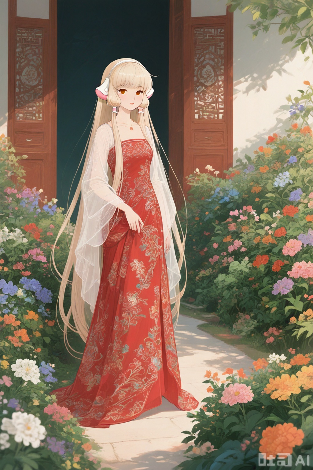  (masterpiece, best quality),red jiayi_clothes,chobits,medium shot,Luxurious and gorgeous,in the dark,standing on garden,holding flowers,