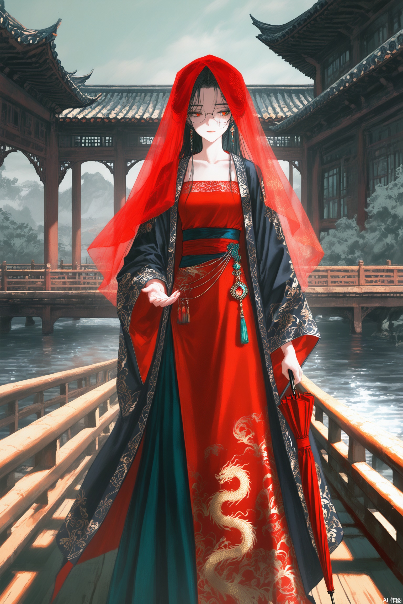 jiayi_clothes,red jiayi_clothes,red head veil,long veil,
(artist:quasarcake:0.8),extreme aesthetic,(wlop:0.6),(honjou raita,lack,rella,wanke:0.5),
masterpiece,best quality,good quality,newest,year 2024,year 2023,very aesthetic,absurdres,Visual impact,
ultra-high resolution,32K UHD,sharp focus,best-quality,masterpiece,Emotionalization,masterpiece,masterful details,
1girl,long hair,sStanding on a Chinese wooden bridge with a red umbrella in hand,looking back,