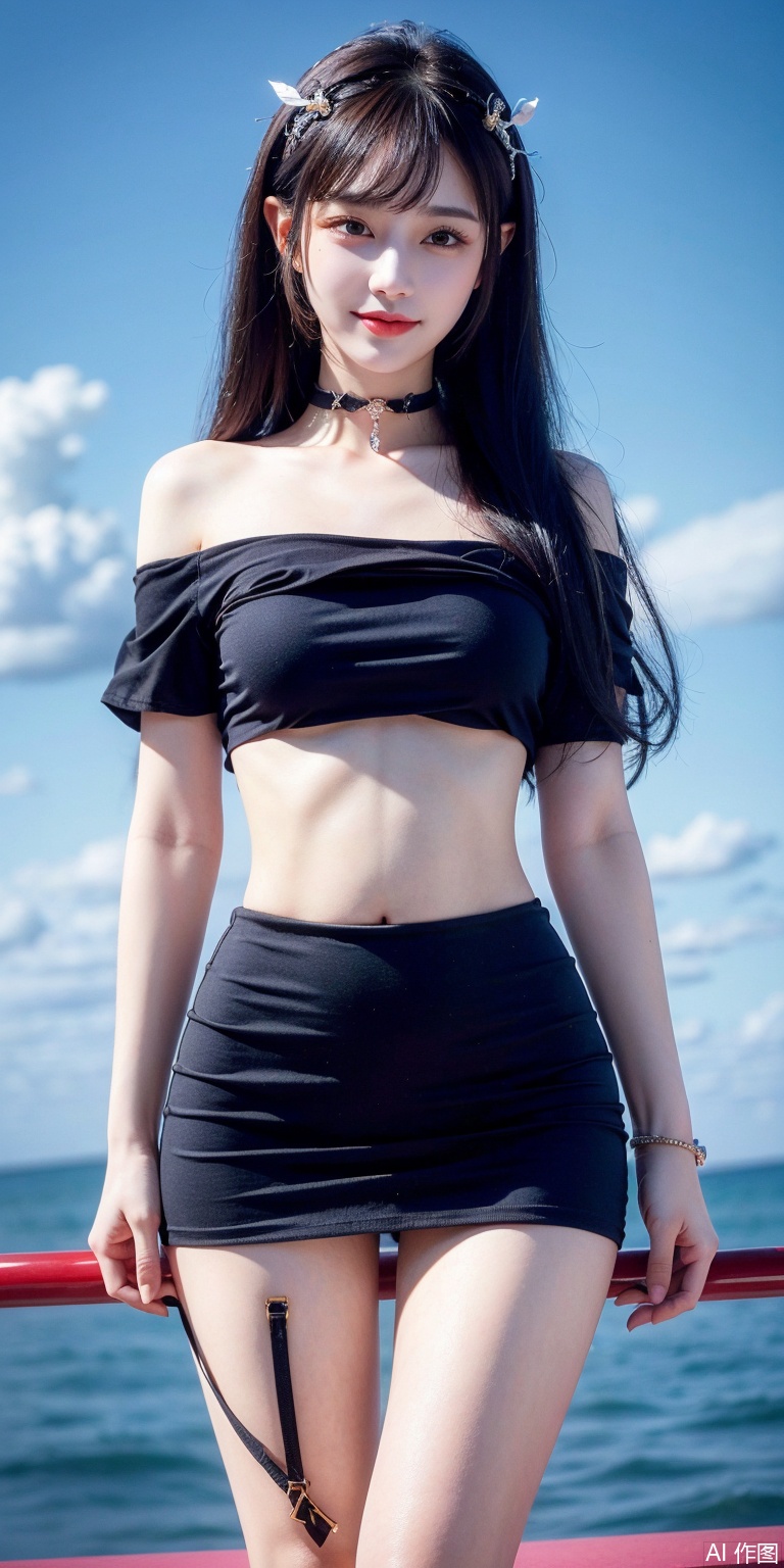 best quality, masterpiece, realistic,cowboy_shot,(Good structure), DSLR Quality,Depth of field,kind smile,looking_at_viewer,Dynamic pose, 
,Short skirt,Blue sky, white clouds, ocean, nai3, 1girl, solo, crop top, , choker, navel, shirt, midriff, crop top overhang, looking at viewer, white shirt, jewelry, breasts, bare shoulders, off-shoulder shirt, off shoulder, black choker, thighs, stomach, long hair, bracelet, short sleeves, ribbon, hand up, collarbone, hair ribbon, medium breasts, , bra strap, , hair ornament, thigh gap, necklace, expressionless,ziyan,purple_hair