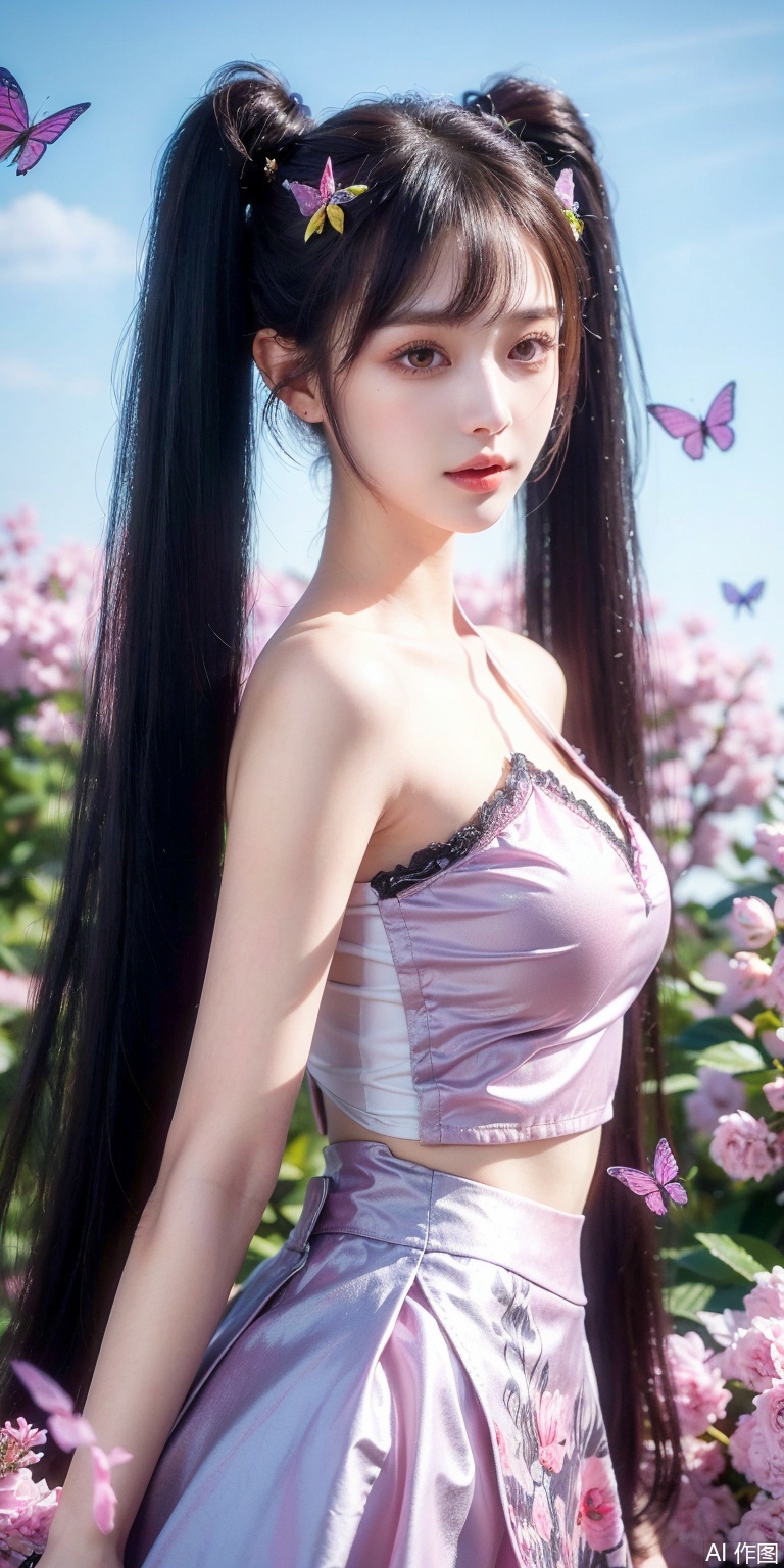 (masterpiece, best quality, ultra-detailed, highres, best illustration),1girl,solo,cowboy shot,looking_at_viewer,
side lighting,lustrous skin,(shine),(shiny skin, cetlic elements, norse heritage),ray tracing,wind swept hair,detailed hair,detailed face,depth_of_field,very detailed background,extreme light and shadow,(detailed eyes),perfect anatomy,,dynamic angle,1girl,((sea of pink flowers,with butterflies everywhere.,fluttering butterflies in the sky,colorful auspicious clouds,)),
Short top,ultra short skirt ,ziyan, twintails, yellow eyes, 