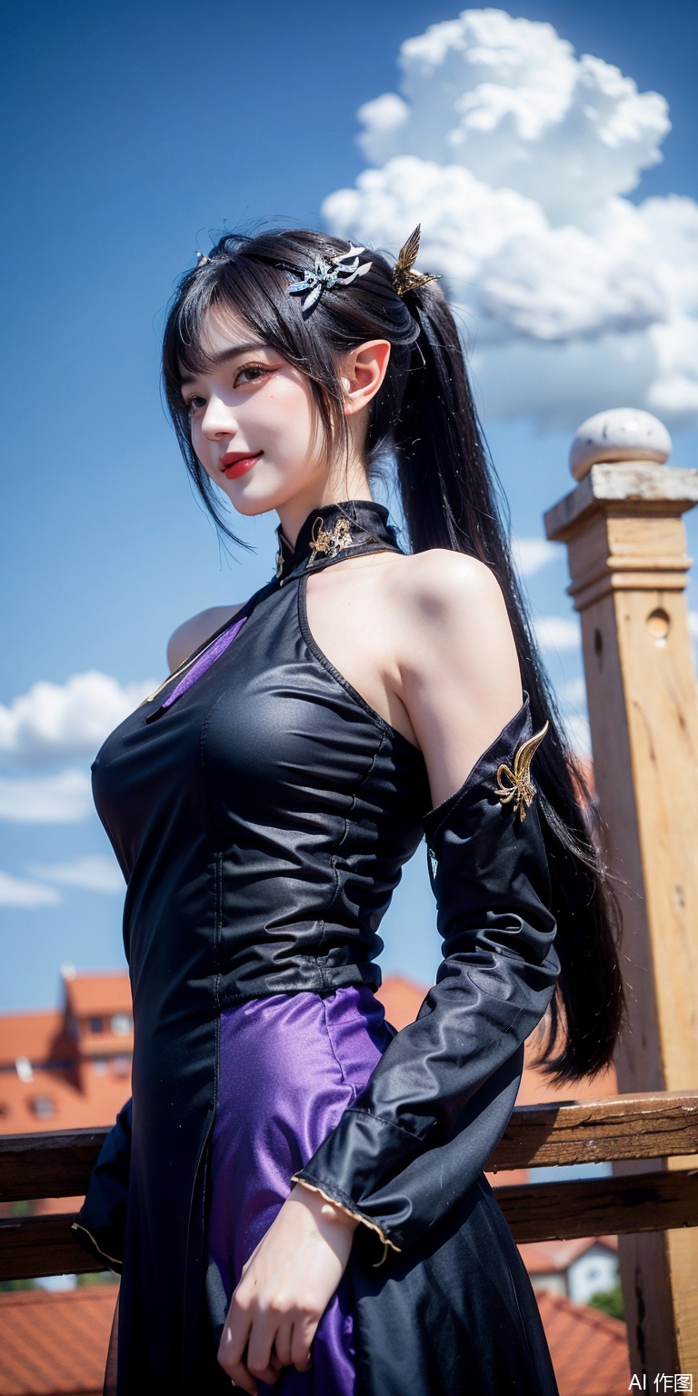 best quality, masterpiece, realistic,cowboy_shot,(Good structure), DSLR Quality,Depth of field,kind smile,looking_at_viewer,Dynamic pose, 
,11girl, solo, long hair, breasts, looking at viewer, black hair, hair ornament, dress, bare shoulders, twintails, yellow eyes, upper body, detached sleeves, wings, sky, pointy ears, cloud, blue sky, purple dress, pillar