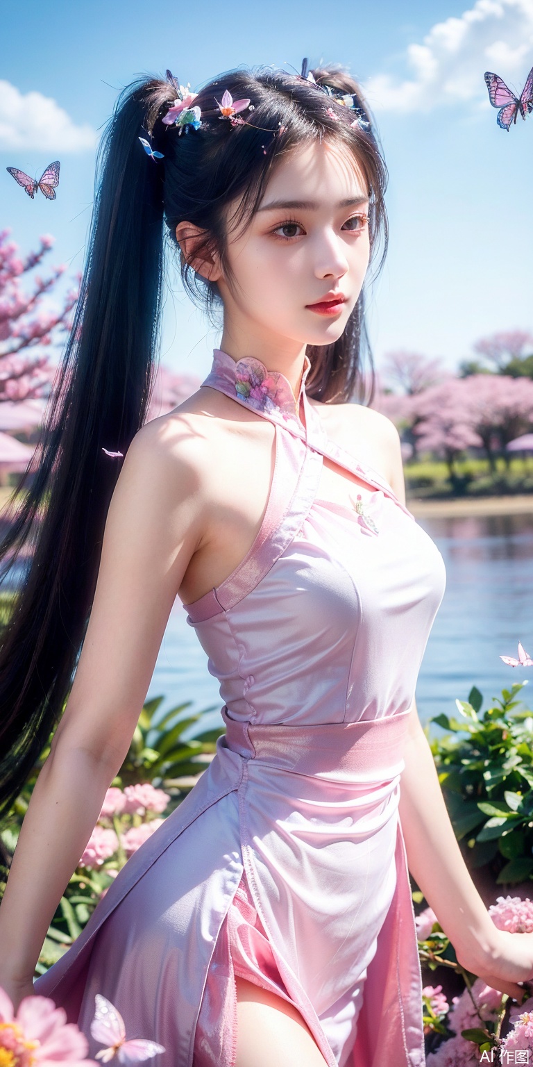 (masterpiece, best quality, ultra-detailed, highres, best illustration),1girl,solo,cowboy shot,looking_at_viewer,
side lighting,lustrous skin,(shine),(shiny skin, cetlic elements, norse heritage),ray tracing,wind swept hair,detailed hair,detailed face,depth_of_field,very detailed background,extreme light and shadow,(detailed eyes),perfect anatomy,,dynamic angle,1girl,((sea of pink flowers,with butterflies everywhere.,fluttering butterflies in the sky,colorful auspicious clouds,)),
Short top,ultra short skirt ,ziyan, twintails, yellow eyes, 