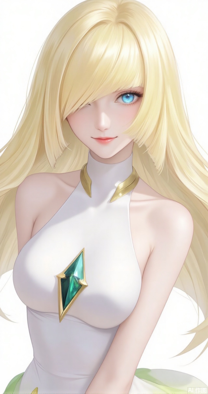 luxueqi,lvjing,lushaminai
1girl, lusamine \(pokemon\), long hair, blonde hair, solo, hair over one eye, sleeveless, looking at viewer, diamond \(shape\), sleeveless dress, dress, smile, gem, very long hair, upper body, bare shoulders, bare arms, parted lips, green gemstone, green eyes, white dress, floating hair, breasts, blue eyes, white background,9