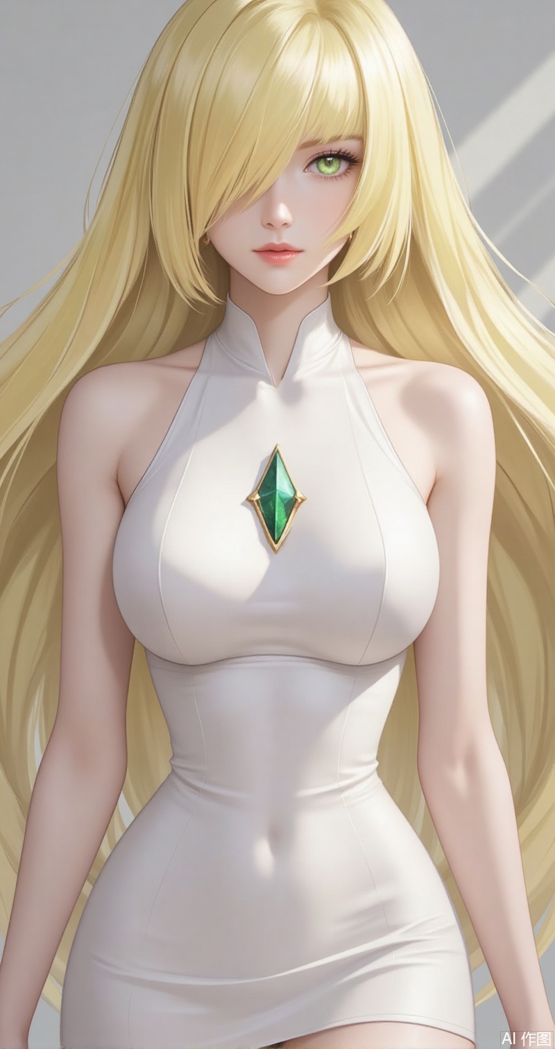 luxueqi,lvjing,lushaminai
1girl, lusamine \(pokemon\), long hair, blonde hair, dress, green eyes, hair over one eye, pokemon \(creature\), sleeveless, sleeveless dress, white dress, very long hair, bare arms, breasts, looking at viewer, covered navel, gem, green gemstone, diamond \(shape\), small breasts, short dress,3