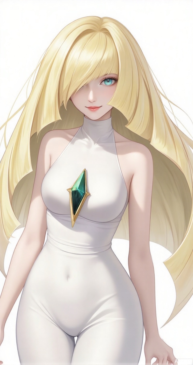 luxueqi,lvjing,lushaminai
1girl, lusamine \(pokemon\), long hair, blonde hair, solo, hair over one eye, sleeveless, looking at viewer, diamond \(shape\), sleeveless dress, dress, smile, gem, very long hair, upper body, bare shoulders, bare arms, parted lips, green gemstone, green eyes, white dress, floating hair, breasts, blue eyes, white background,9