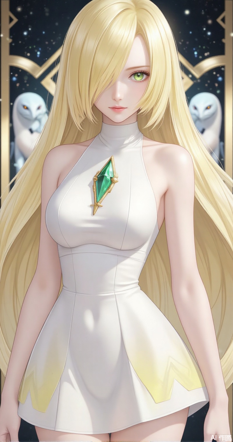 luxueqi,lvjing,lushaminai
1girl, lusamine \(pokemon\), long hair, blonde hair, dress, green eyes, hair over one eye, pokemon \(creature\), sleeveless, sleeveless dress, white dress, very long hair, bare arms, breasts, looking at viewer, covered navel, gem, green gemstone, diamond \(shape\), small breasts, short dress,3
