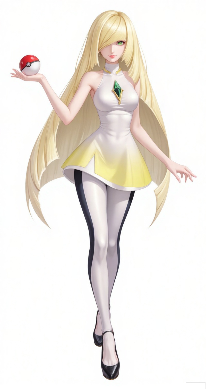 luxueqi,lvjing,lushaminai
1girl, lusamine \(pokemon\), long hair, poke ball, solo, blonde hair, hair over one eye,holding poke ball, green eyes, very long hair, holding, full body, leggings, dress, smile, white background, sleeveless, short dress, sleeveless dress, high heels, green gemstone, simple background, breasts, diamond \(shape\), standing, bare arms, poke ball \(basic\), bare shoulders, gem,11