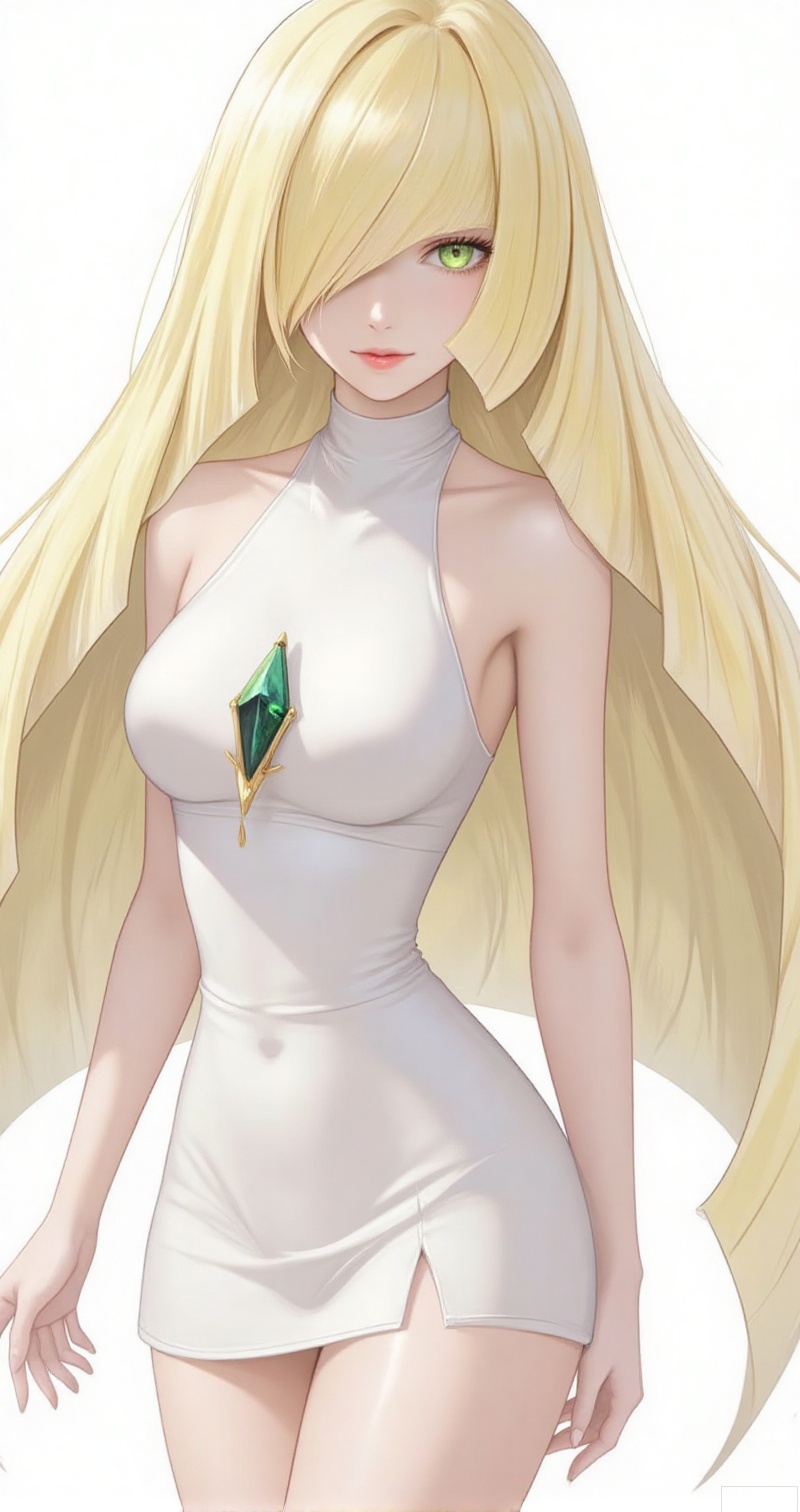 luxueqi,lvjing,lushaminai
1girl, lusamine \(pokemon\), long hair, blonde hair, dress, green eyes, hair over one eye, pokemon \(creature\), sleeveless, sleeveless dress, white dress, very long hair, bare arms, breasts, looking at viewer, covered navel, gem, green gemstone, diamond \(shape\), small breasts, short dress,3
