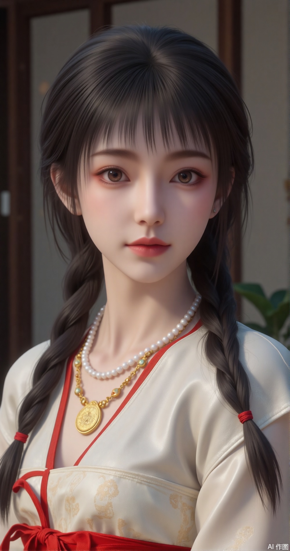 The image is a portrait of a young woman with long dark hair styled in a traditional Chinese dress. She is wearing a white blouse with a red ribbon tied around her waist and a gold necklace with pearls. Her hair is styled in two braids that are pulled back in a half-up, half-down style with bangs framing her face. She has a serious expression on her face and is looking directly at the camera. The background is blurred, but it appears to be a room with a wooden door and a plant. The overall mood of the image is elegant and regal.