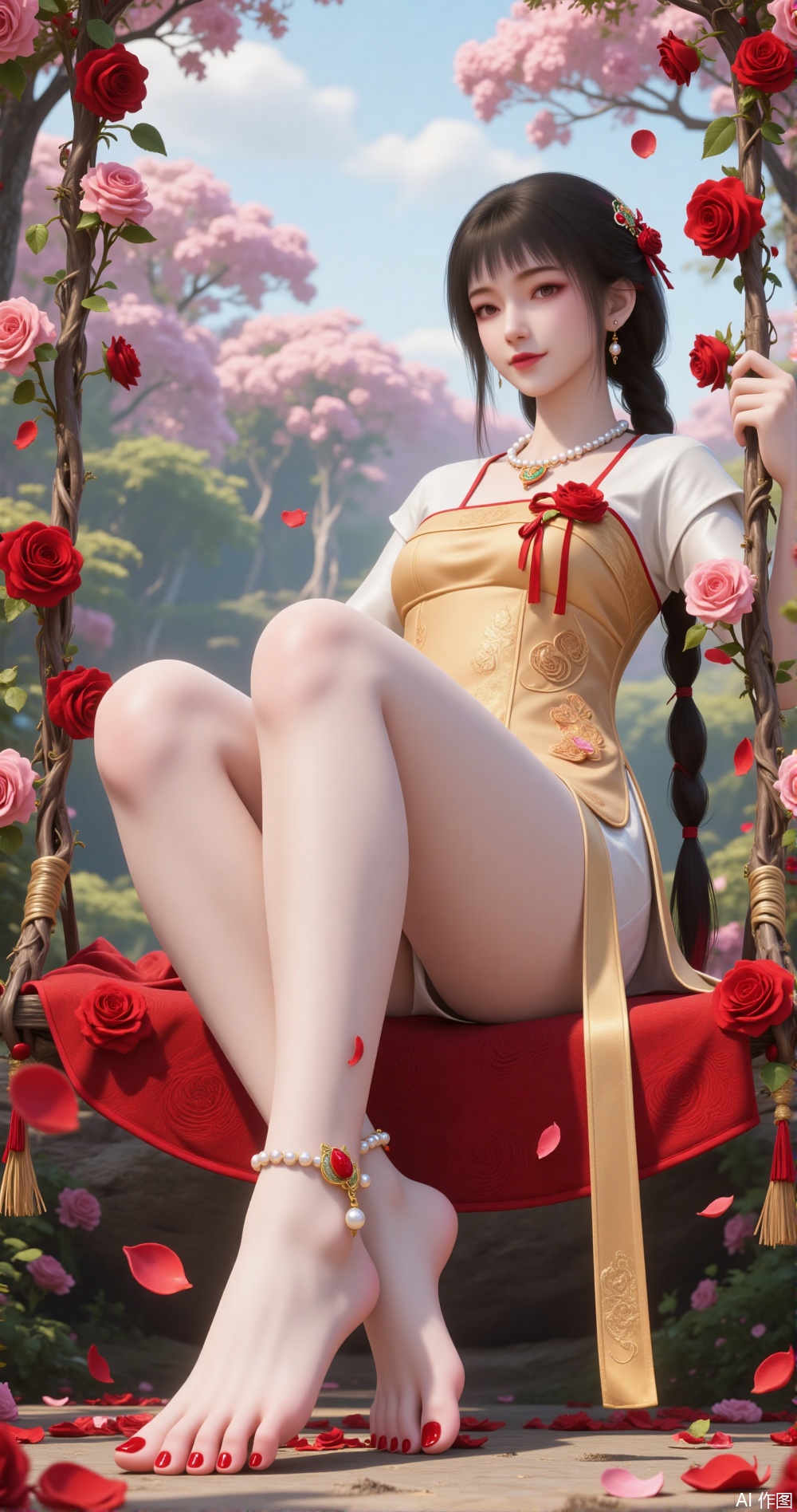 Improved cheongsam woman leaning against rose vine swing, 999 swings woven with cinnabar red roses wrapped in gold silk (inspired by [6] tissue rose craft). The right foot lightly lifts the pearl agate anklet, and the tip of the foot is dyed with gold foil and cinnabar nail polish. The background is a gradient rose garden with "A Thousand Miles of Rivers and Mountains", using fine brushwork and heavy color techniques to depict petal rain, --ar 16:9 --v 6"
(Integrate [6] three-dimensional composition techniques and [7] rose sea light and shadow levels)