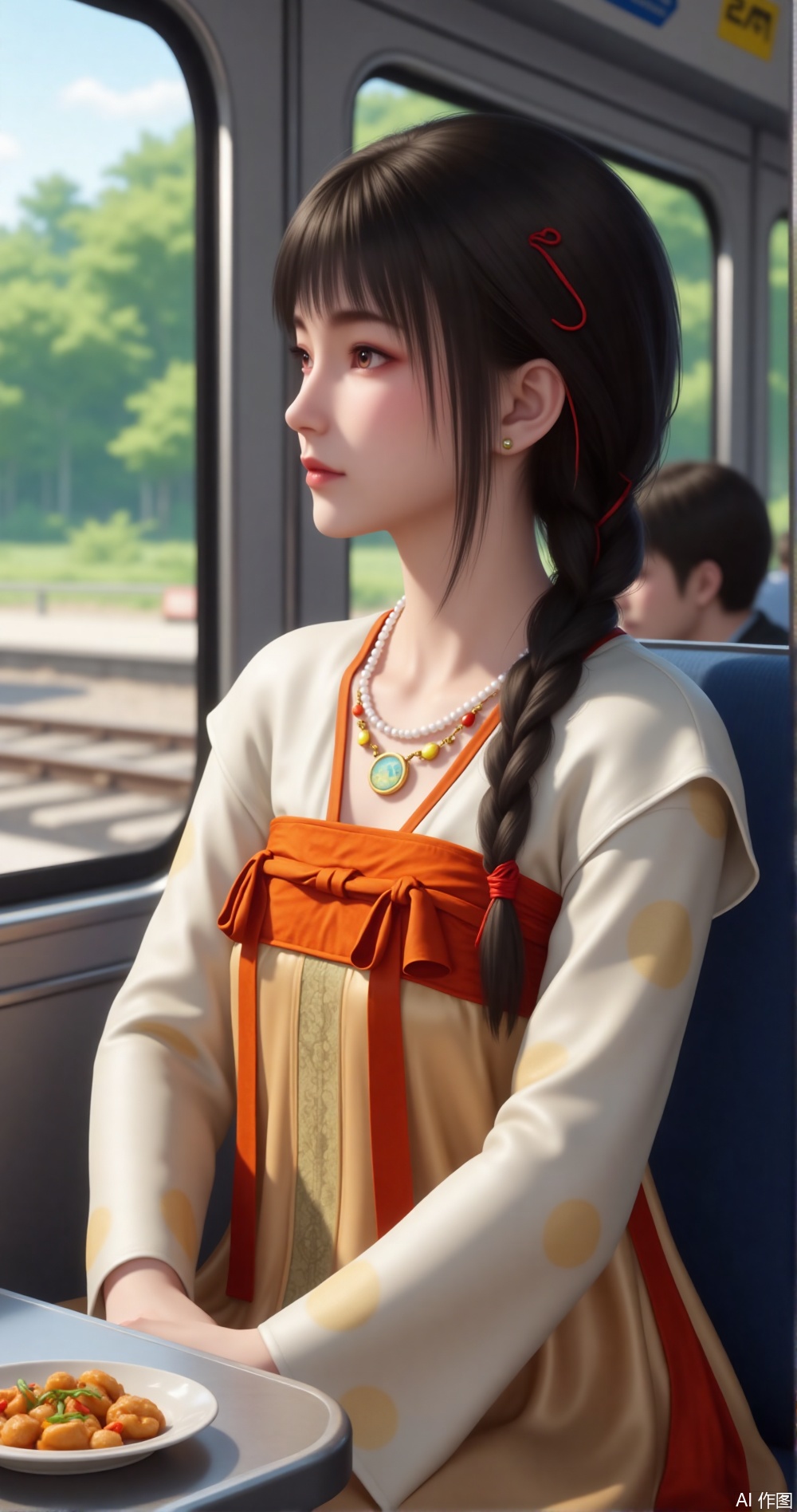 The image shows a young woman sitting on a train. She is wearing a traditional Chinese dress with a white blouse and an orange apron tied around her waist. Her hair is styled in two braids with red hair clips. She has a necklace with a pendant and earrings. The woman is looking out the window with a serious expression on her face. There is a plate of food on the table in front of her. The background shows a train track and trees.