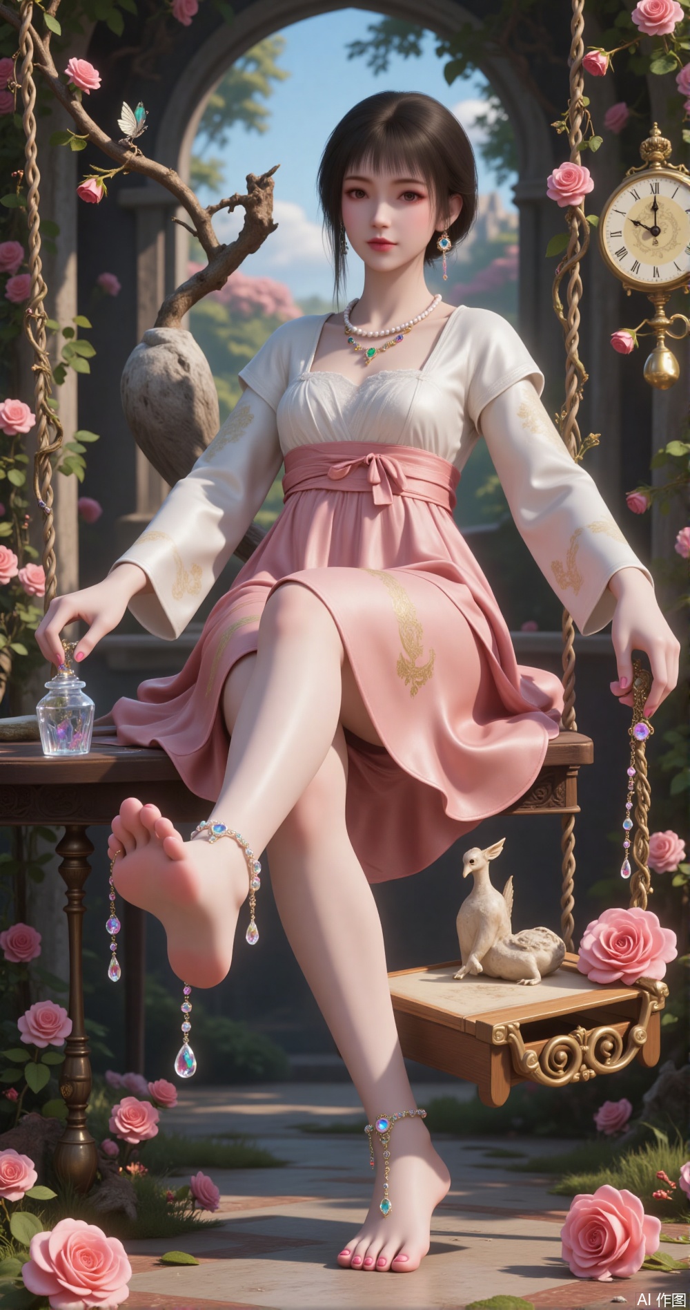 "Rococo girl kicks crystal shoes on a floating rose swing, and the layered skirt is made of tender pink satin painted by [2] Fragonard. The anklet is encapsulated by broken diamonds and immortal roses. The mechanical clockwork bird in the background is holding a flower vine in the baroque garden. --niji 6 --chaos 50"
(Refer to [2] The dramatic composition of "Swing" and [5] The statue of God of Love)
