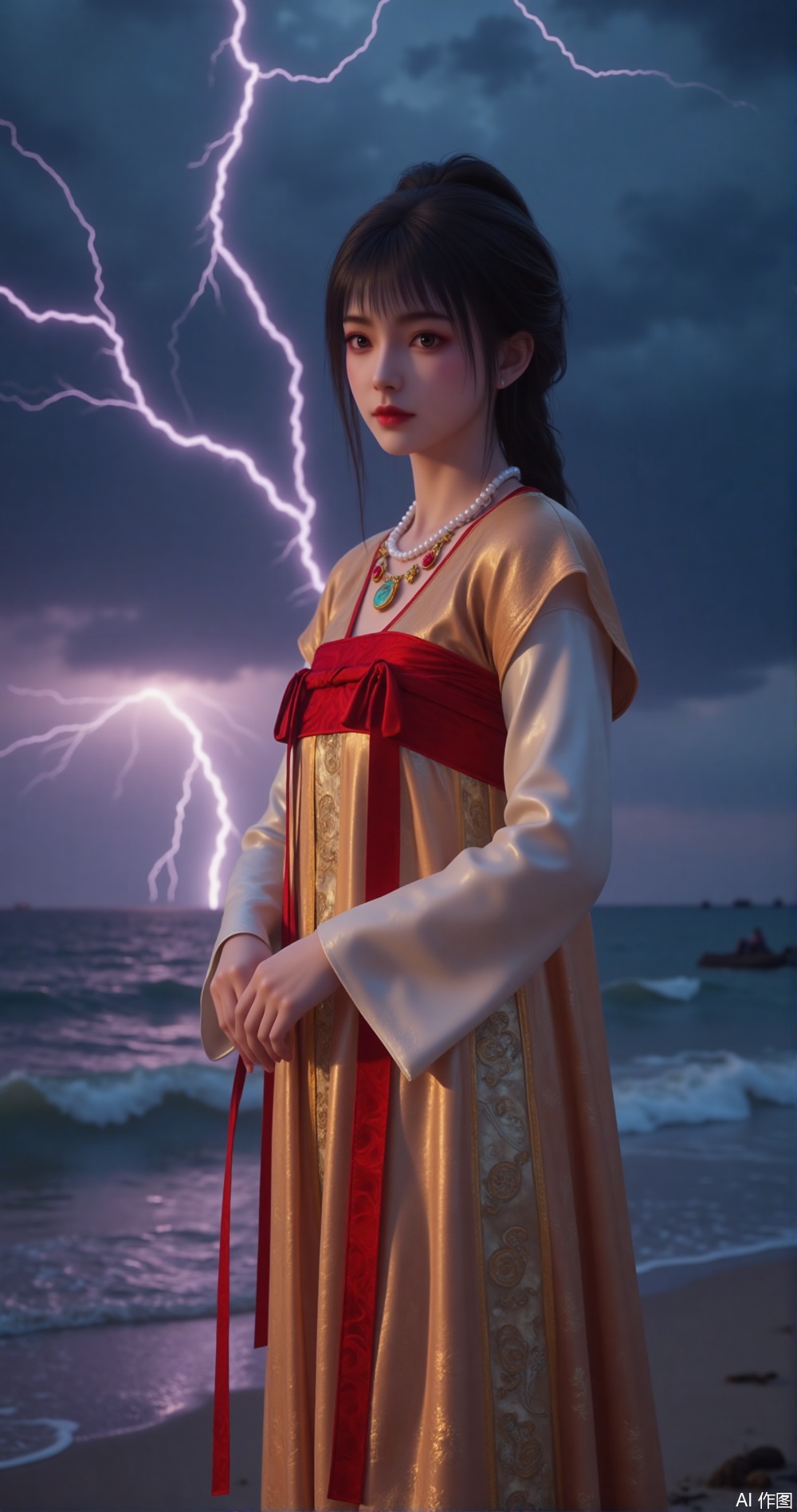 A young woman in a red and gold Chinese dress stood on the beach before the storm. The dress was made of silk, high-neck long sleeves, white belt, and gold-line embroidered patterns. The dark cloudy sky was torn apart by frequent lightning, and purple and blue-white lights were like snake-shaped winding, illuminating the rolling waves on the sea. The wide-angle lens (16mm) captures dynamic scenes, the f/8 aperture balances the depth of field, and the moment when the raindrops splash are frozen by the high-speed shutter. The photography style emphasizes the glaring texture of real lightning and the reflective details of the dress, with 8K ultra-HD, dramatic atmosphere. "