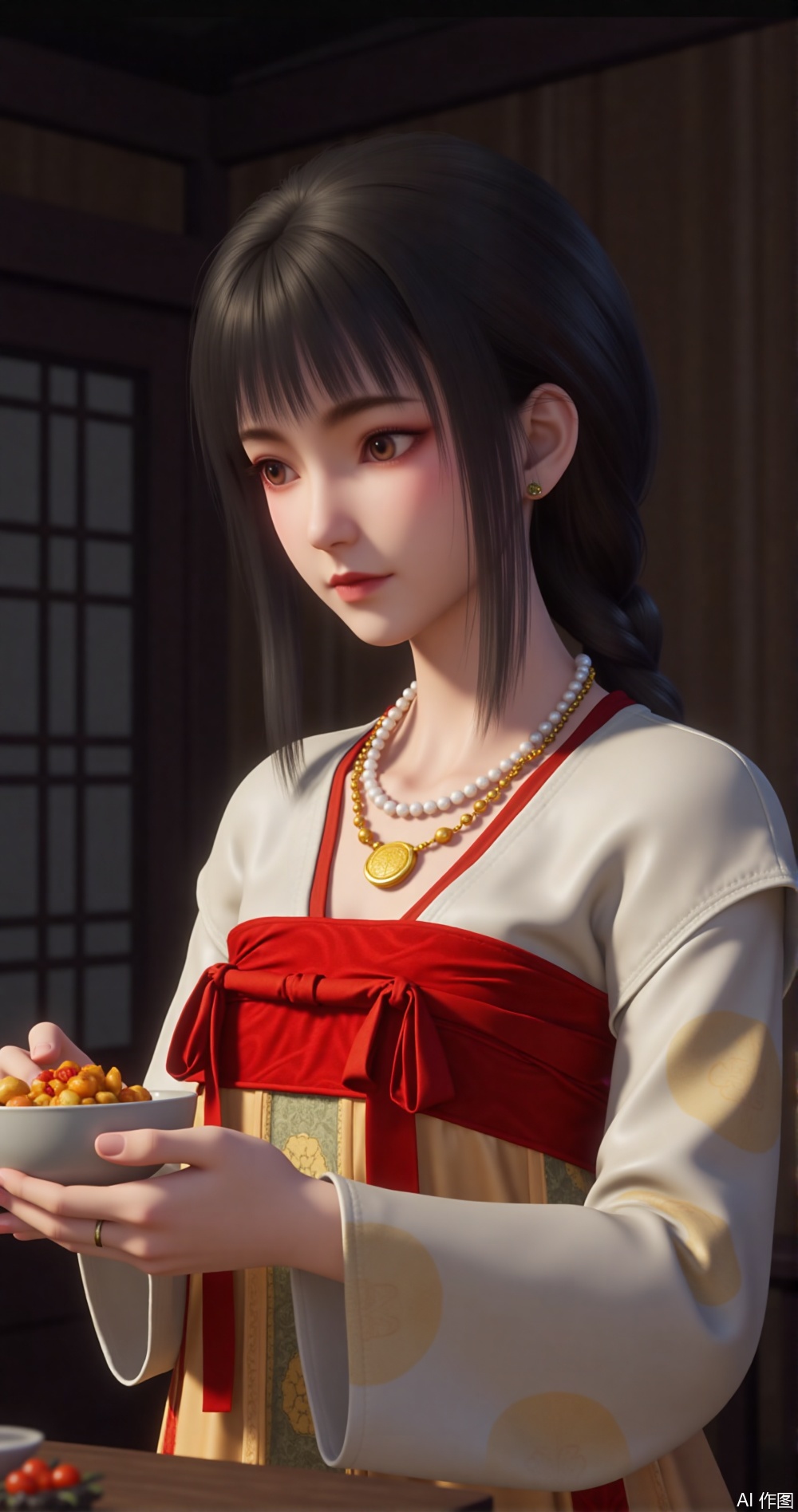 The image is a digital illustration of a young woman wearing a traditional Japanese outfit. She is holding a bowl of food in her hands and appears to be deep in thought. The woman has shoulder-length dark hair styled in a bob with bangs and is wearing a red and gold necklace with a large pendant. She has a serious expression on her face and is looking off to the side. The background is a dark room with a window and a curtain. The overall mood of the image is somber and contemplative.