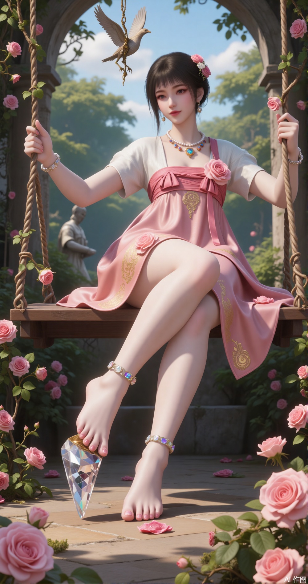 "Rococo girl kicks crystal shoes on a floating rose swing, and the layered skirt is made of tender pink satin painted by [2] Fragonard. The anklet is encapsulated by broken diamonds and immortal roses. The mechanical clockwork bird in the background is holding a flower vine in the baroque garden. --niji 6 --chaos 50"
(Refer to [2] The dramatic composition of "Swing" and [5] The statue of God of Love)