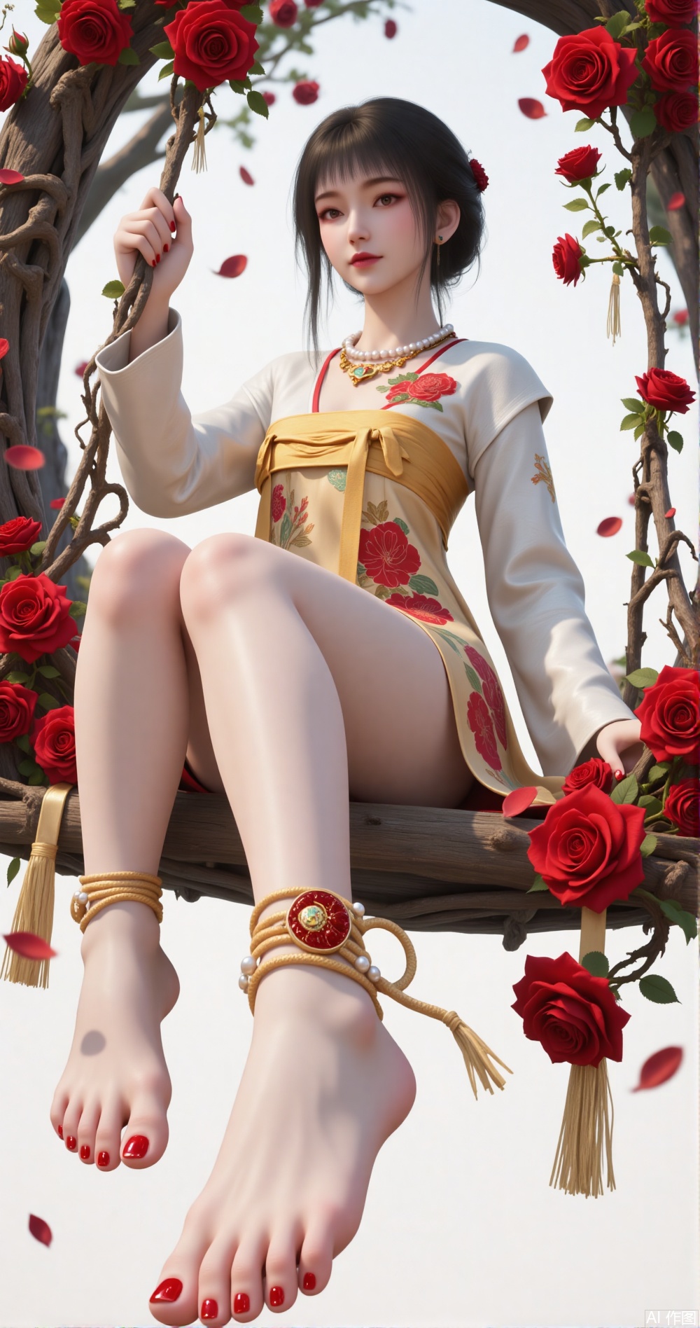 A young woman wearing a modified cheongsam on a white background is sitting on a swing woven by 999 red roses. The vines on the swing are wrapped around golden silk, and the petals and rain fall when the breeze sways. The woman raised her right foot lightly, her ankle was tied with a tangled ankle with pearls and red agate (refer to [3] lacquer and rose craft), and her toes were decorated with cinnabar-colored nail polish with gold foil hooks. The wooden screen with a blurred background can be vaguely visible to the part of "The Thousand Miles of Rivers and Mountains", --ar 9:16 --v 6 --style raw"
(Combining cheongsam design elements of [6][7] and 3D rose three-dimensional sense of [8]