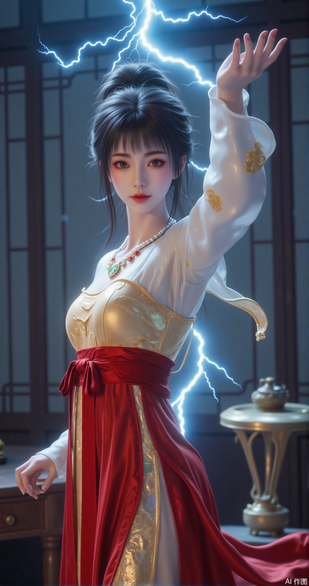 "New Chinese Thor: Oriental women are floating above the blue-gold lightning, wearing modified cheongsams (white gold dot silk top with cinnabar red satin long skirt), and pearl necklaces are suspended and shining in the electromagnetic field. The background is a broken Ming-style dressing table and the window lattice that runs through the lightning. The fusion technique of fine brushwork and heavy color and digital rendering is used. The lightning veins present the green and green brushstrokes of "Thousand Miles of Rivers and Mountains", --ar 3:4 --style 6b"
(The new Chinese clothing symbols that combine [3][7] and the lightning poetic description of [5])