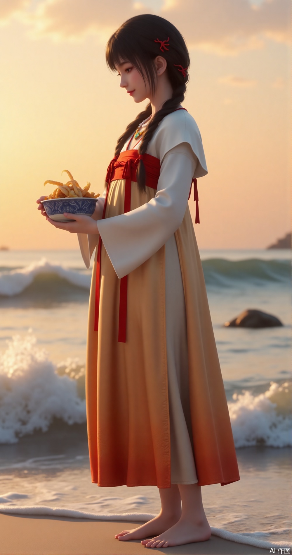 The girl in a modified Hanfu in a white orange apron stands barefoot on the beach, with red coral hairpins on her double braids dancing with the waves. The sunset dyed the sea surface amber. She held a blue and white porcelain bowl in her hand and held a fresh catch. She used the three-point composition method to capture the silhouettes of waves and reefs. The f/1.8 large aperture blurred background highlights the side face of the character, --ar 16:9 --v 6"
(The golden moment of fusion [1] uses light and [8] the composition of the beach and reefs)