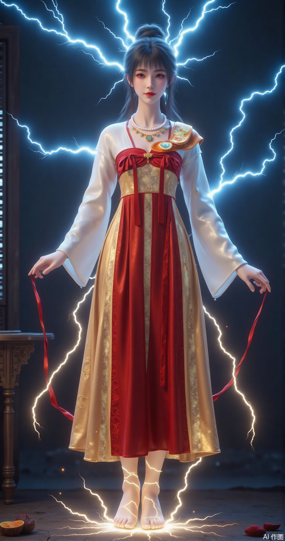 "New Chinese Thor: Oriental women are floating above the blue-gold lightning, wearing modified cheongsams (white gold dot silk top with cinnabar red satin long skirt), and pearl necklaces are suspended and shining in the electromagnetic field. The background is a broken Ming-style dressing table and the window lattice that runs through the lightning. The fusion technique of fine brushwork and heavy color and digital rendering is used. The lightning veins present the green and green brushstrokes of "Thousand Miles of Rivers and Mountains", --ar 3:4 --style 6b"
(The new Chinese clothing symbols that combine [3][7] and the lightning poetic description of [5])