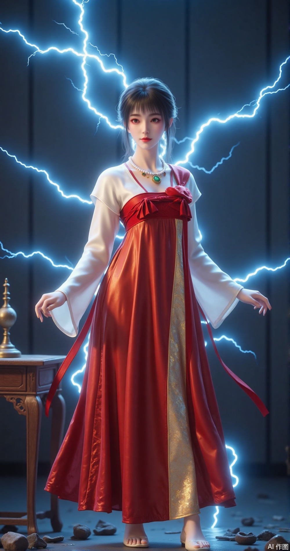 "New Chinese Thor: Oriental women are floating above the blue-gold lightning, wearing modified cheongsams (white gold dot silk top with cinnabar red satin long skirt), and pearl necklaces are suspended and shining in the electromagnetic field. The background is a broken Ming-style dressing table and the window lattice that runs through the lightning. The fusion technique of fine brushwork and heavy color and digital rendering is used. The lightning veins present the green and green brushstrokes of "Thousand Miles of Rivers and Mountains", --ar 3:4 --style 6b"
(The new Chinese clothing symbols that combine [3][7] and the lightning poetic description of [5])
