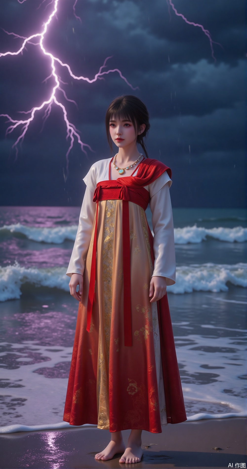 A young woman in a red and gold Chinese dress stood on the beach before the storm. The dress was made of silk, high-neck long sleeves, white belt, and gold-line embroidered patterns. The dark cloudy sky was torn apart by frequent lightning, and purple and blue-white lights were like snake-shaped winding, illuminating the rolling waves on the sea. The wide-angle lens (16mm) captures dynamic scenes, the f/8 aperture balances the depth of field, and the moment when the raindrops splash are frozen by the high-speed shutter. The photography style emphasizes the glaring texture of real lightning and the reflective details of the dress, with 8K ultra-HD, dramatic atmosphere. "