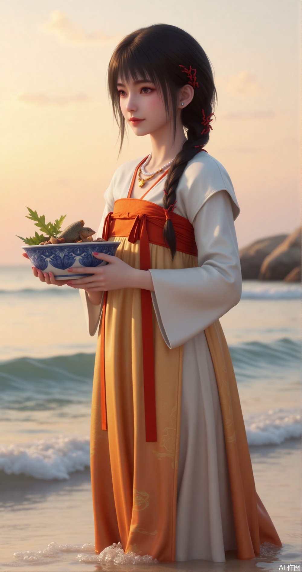 The girl in a modified Hanfu in a white orange apron stands barefoot on the beach, with red coral hairpins on her double braids dancing with the waves. The sunset dyed the sea surface amber. She held a blue and white porcelain bowl in her hand and held a fresh catch. She used the three-point composition method to capture the silhouettes of waves and reefs. The f/1.8 large aperture blurred background highlights the side face of the character, --ar 16:9 --v 6"
(The golden moment of fusion [1] uses light and [8] the composition of the beach and reefs)