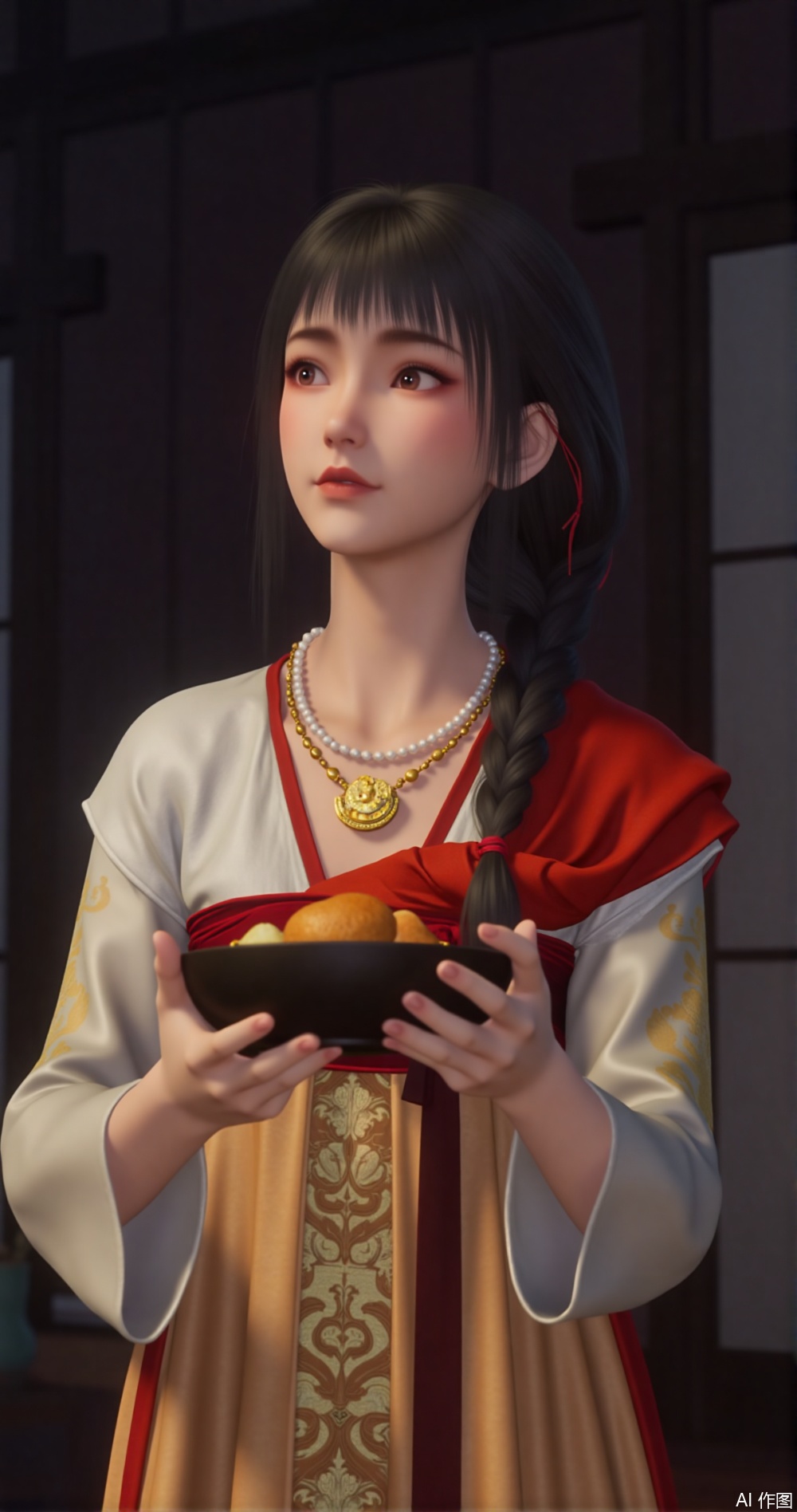 The image is a digital illustration of a young woman wearing a traditional Japanese outfit. She is holding a bowl of food in her hands and appears to be deep in thought. The woman has shoulder-length dark hair styled in a bob with bangs and is wearing a red and gold necklace with a large pendant. She has a serious expression on her face and is looking off to the side. The background is a dark room with a window and a curtain. The overall mood of the image is somber and contemplative.