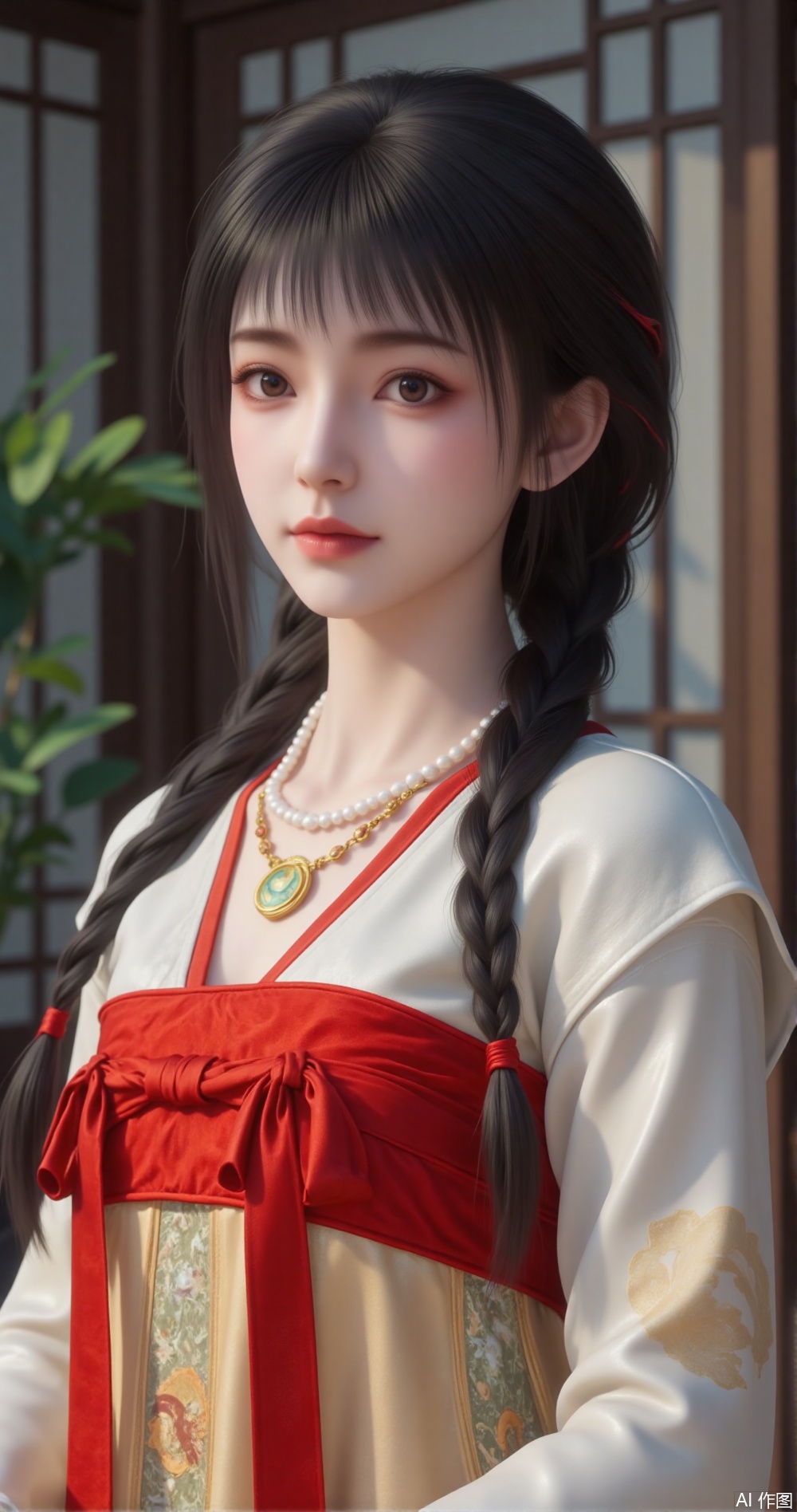 The image is a portrait of a young woman with long dark hair styled in a traditional Chinese dress. She is wearing a white blouse with a red ribbon tied around her waist and a gold necklace with pearls. Her hair is styled in two braids that are pulled back in a half-up, half-down style with bangs framing her face. She has a serious expression on her face and is looking directly at the camera. The background is blurred, but it appears to be a room with a wooden door and a plant. The overall mood of the image is elegant and regal.