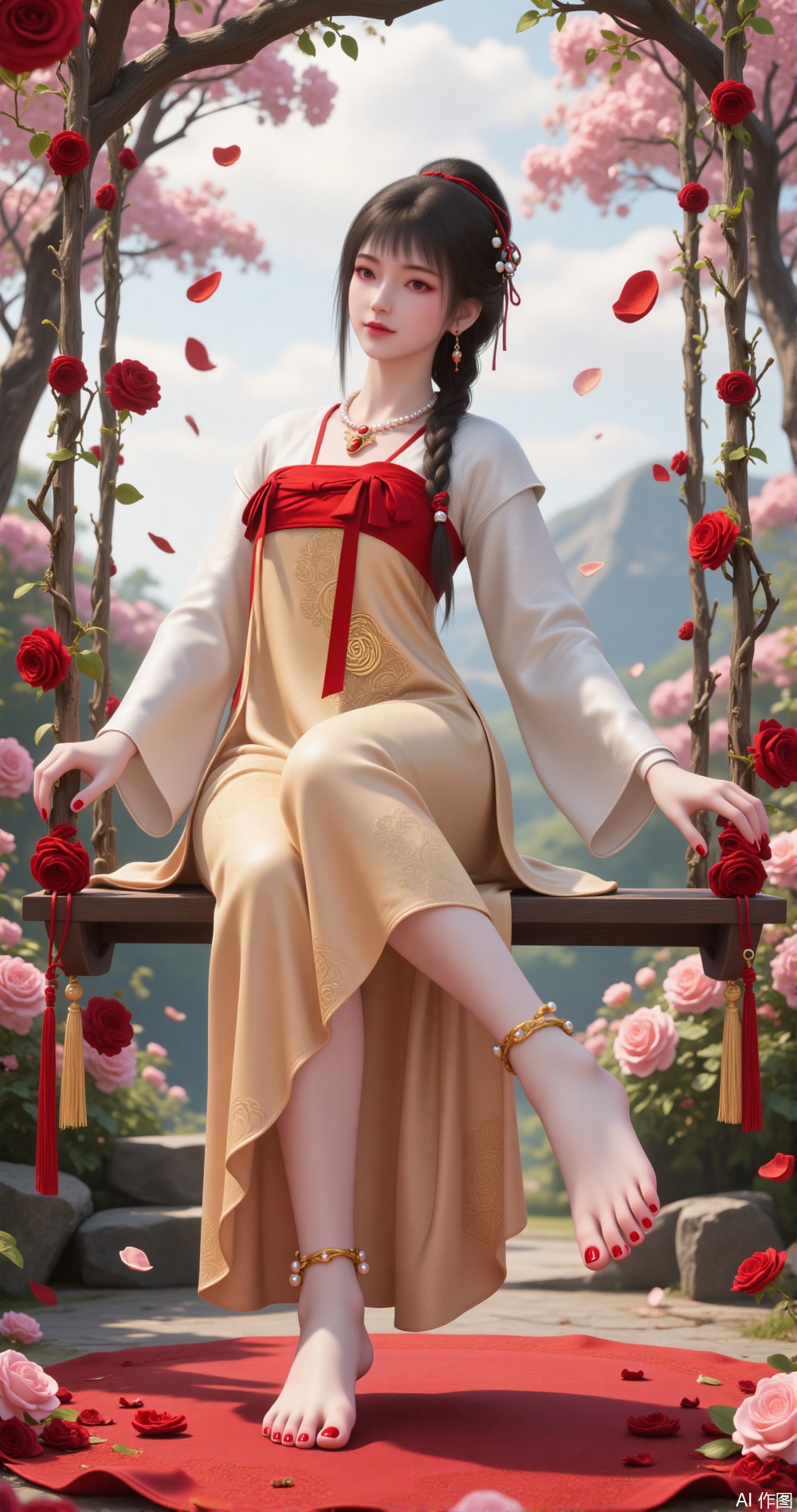 Improved cheongsam woman leaning against rose vine swing, 999 swings woven with cinnabar red roses wrapped in gold silk (inspired by [6] tissue rose craft). The right foot lightly lifts the pearl agate anklet, and the tip of the foot is dyed with gold foil and cinnabar nail polish. The background is a gradient rose garden with "A Thousand Miles of Rivers and Mountains", using fine brushwork and heavy color techniques to depict petal rain, --ar 16:9 --v 6"
(Integrate [6] three-dimensional composition techniques and [7] rose sea light and shadow levels)