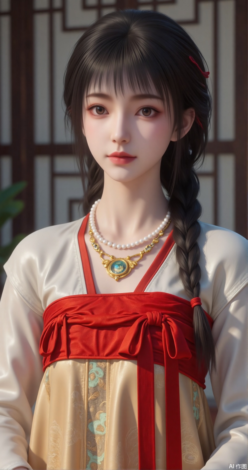 The image is a portrait of a young woman with long dark hair styled in a traditional Chinese dress. She is wearing a white blouse with a red ribbon tied around her waist and a gold necklace with pearls. Her hair is styled in two braids that are pulled back in a half-up, half-down style with bangs framing her face. She has a serious expression on her face and is looking directly at the camera. The background is blurred, but it appears to be a room with a wooden door and a plant. The overall mood of the image is elegant and regal.