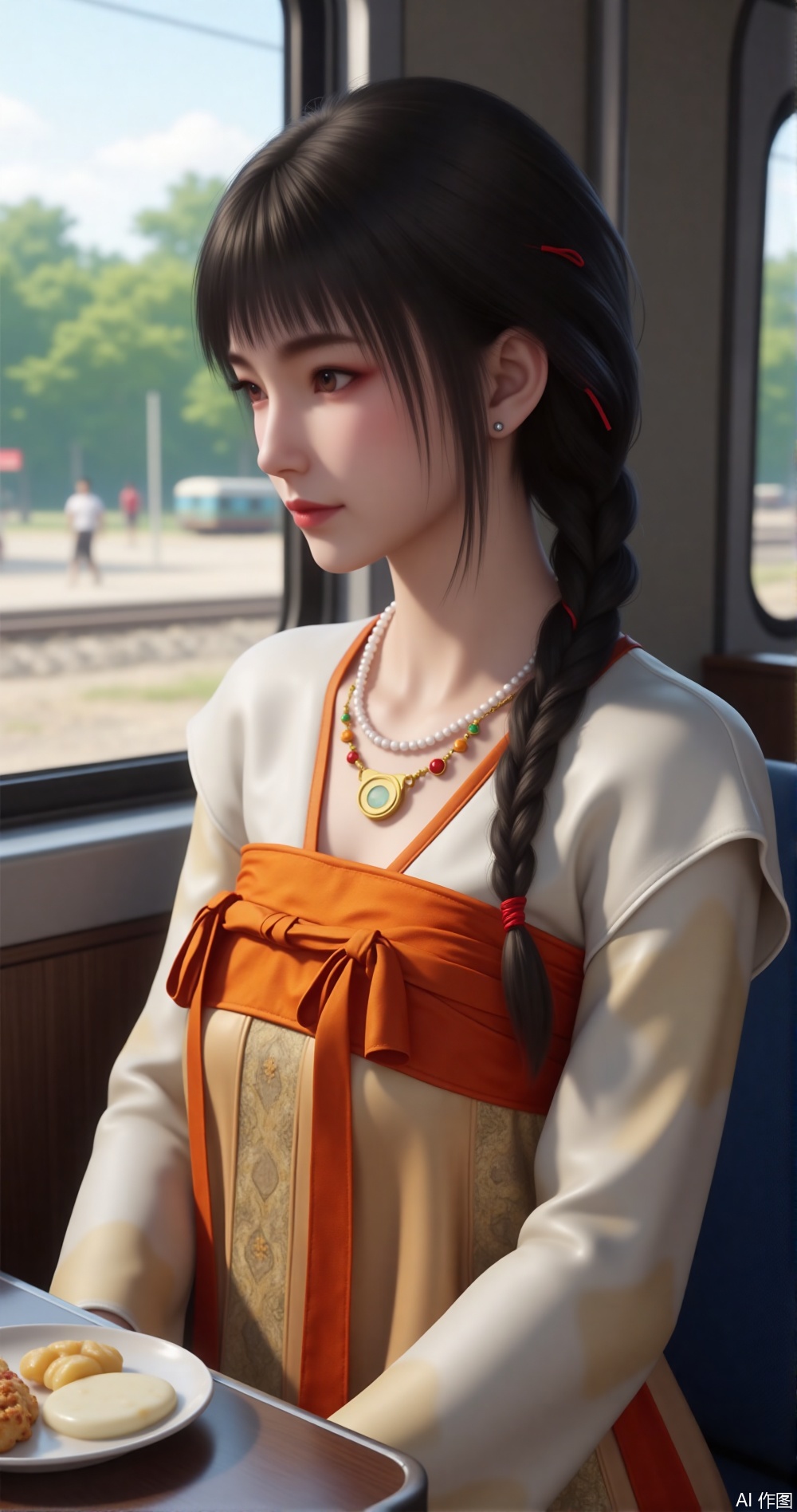 The image shows a young woman sitting on a train. She is wearing a traditional Chinese dress with a white blouse and an orange apron tied around her waist. Her hair is styled in two braids with red hair clips. She has a necklace with a pendant and earrings. The woman is looking out the window with a serious expression on her face. There is a plate of food on the table in front of her. The background shows a train track and trees.