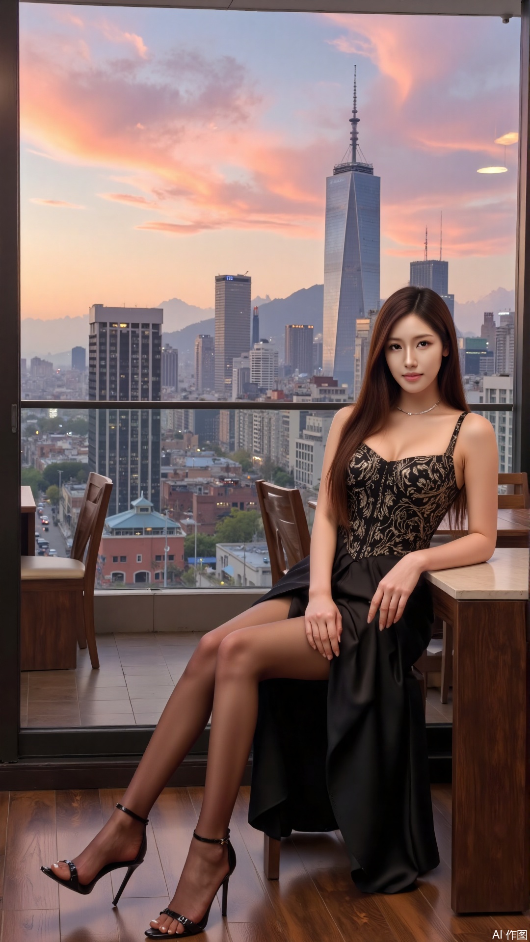 A photorealistic masterpiece! A confident and lively Asian girl with long hair sits in a cozy cafe, looking away with a hint of romantic flair. She wears a stunning black dress, sheer tights, and stiletto heels that seem to be saying, I'm ready for the world! The magnificent cityscape outside creates a breathtaking backdrop, with towering buildings and vibrant pinks and oranges hues during sunset. Every detail is meticulously crafted, from the girl's delicate features to the intricate patterns on her dress, ensuring this artwork stands out as a highly realistic and best-quality masterpiece.,plns