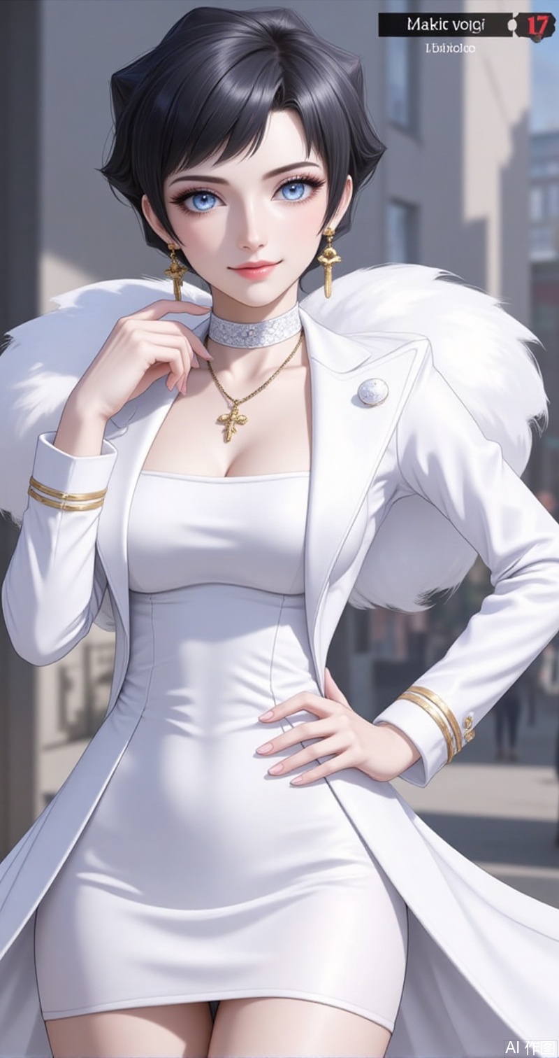luxueqi,lvjing,kalunai,
1girl, short hair, blue eyes, smile, solo, jewelry, necklace, hand up, character name, closed mouth, black hair, looking at viewer, hand on own hip, coat, dress, white coat, eyelashes, open coat, english text, white choker, white dress, long sleeves, open clothes, breasts, card \(medium\), dialogue box,3