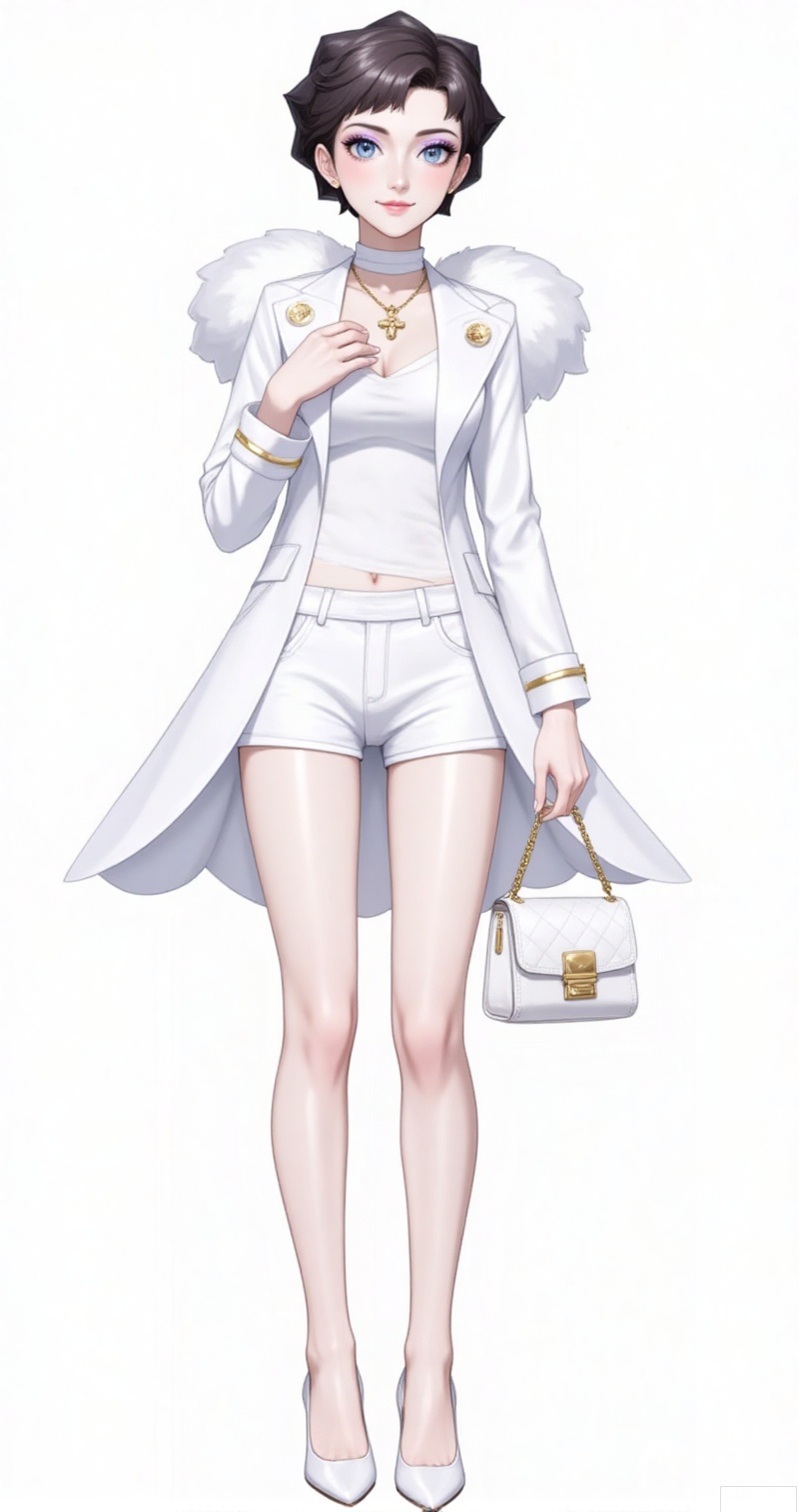 luxueqi,lvjing,kalunai,
1girl, bag, white footwear, solo, full body, holding, jewelry, short hair, smile, holding bag, necklace, high heels, white choker, shorts, white shorts, coat, handbag, open coat, brown hair, standing, hand up, transparent background, open clothes, eyelashes, blue eyes, choker, looking at viewer, white bag, shirt, white coat, eyeshadow, white background, makeup, knees, white shirt, long sleeves, simple background, parted lips, wings,7