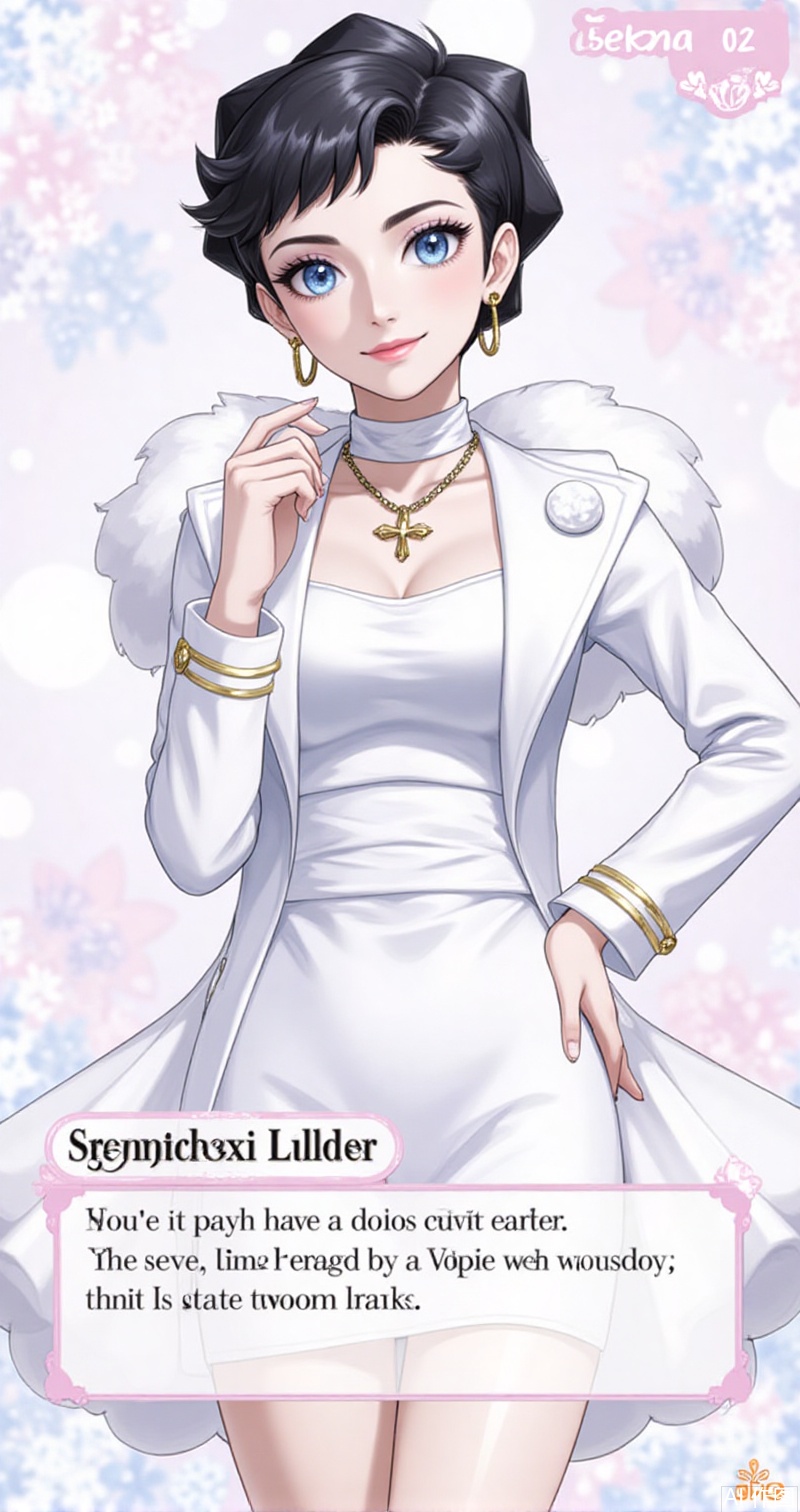 luxueqi,lvjing,kalunai,
1girl, short hair, blue eyes, smile, solo, jewelry, necklace, hand up, character name, closed mouth, black hair, looking at viewer, hand on own hip, coat, dress, white coat, eyelashes, open coat, english text, white choker, white dress, long sleeves, open clothes, breasts, card \(medium\), dialogue box,3