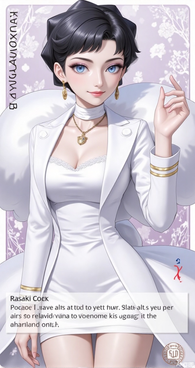 luxueqi,lvjing,kalunai,
1girl, short hair, blue eyes, smile, solo, jewelry, necklace, hand up, character name, closed mouth, black hair, looking at viewer, hand on own hip, coat, dress, white coat, eyelashes, open coat, english text, white choker, white dress, long sleeves, open clothes, breasts, card \(medium\), dialogue box,3