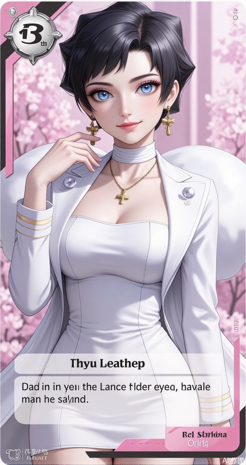 luxueqi,lvjing,kalunai,
1girl, short hair, blue eyes, smile, solo, jewelry, necklace, hand up, character name, closed mouth, black hair, looking at viewer, hand on own hip, coat, dress, white coat, eyelashes, open coat, english text, white choker, white dress, long sleeves, open clothes, breasts, card \(medium\), dialogue box,3