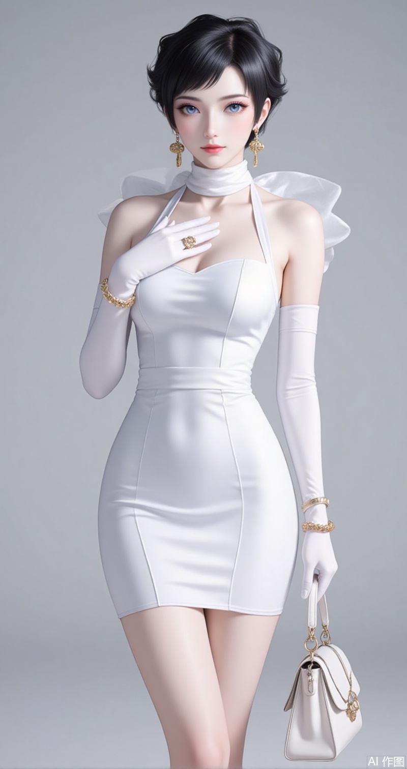 luxueqi,lvjing,kalunai,
1girl, solo, jewelry, earrings, dress, short hair, black hair, gloves, elbow gloves, white dress, bracelet, handbag, makeup, white gloves, bag, blue eyes, scarf, ring, hand on own chest, grey background, lipstick, bare shoulders, breasts,8