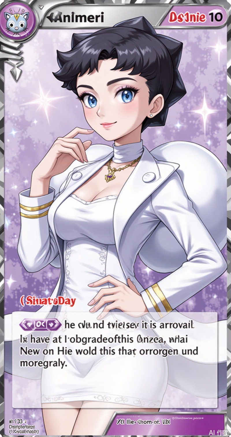 luxueqi,lvjing,kalunai,
1girl, short hair, blue eyes, smile, solo, jewelry, necklace, hand up, character name, closed mouth, black hair, looking at viewer, hand on own hip, coat, dress, white coat, eyelashes, open coat, english text, white choker, white dress, long sleeves, open clothes, breasts, card \(medium\), dialogue box,3