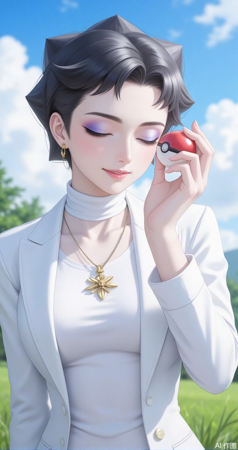 luxueqi,lvjing,kalunai,
holding, poke ball, makeup, jewelry, eyeshadow, holding poke ball, necklace, poke ball \(basic\), solo, short hair, closed eyes, smile, grass, open mouth, male focus, 1boy, outdoors, day, eyelashes, sky, shirt, hand up, black hair, blurry, white shirt, white coat, upper body, cloud,10