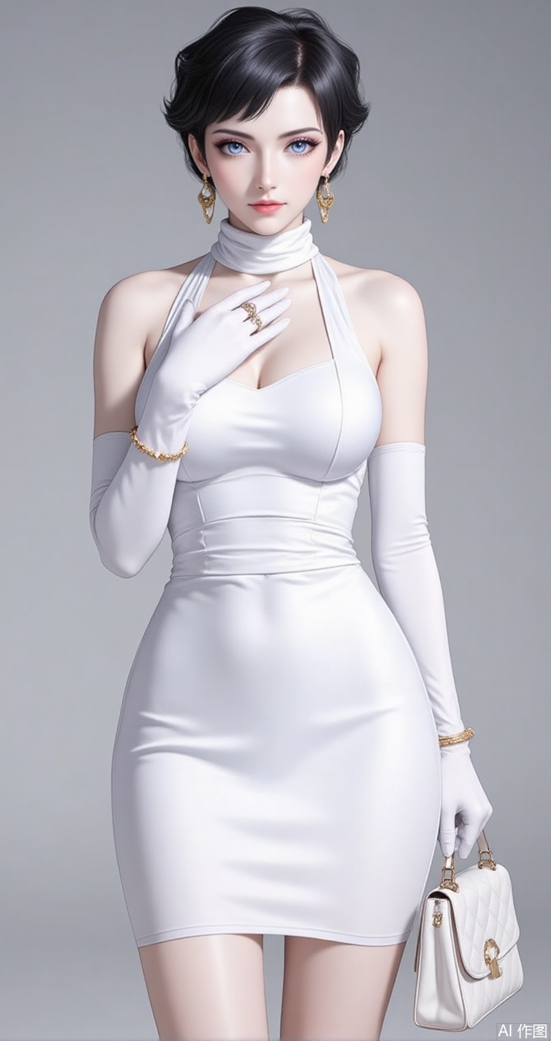 luxueqi,lvjing,kalunai,
1girl, solo, jewelry, earrings, dress, short hair, black hair, gloves, elbow gloves, white dress, bracelet, handbag, makeup, white gloves, bag, blue eyes, scarf, ring, hand on own chest, grey background, lipstick, bare shoulders, breasts,8
