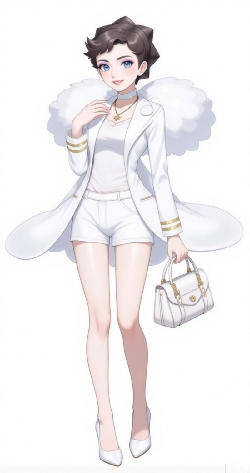 luxueqi,lvjing,kalunai,
1girl, bag, white footwear, solo, full body, holding, jewelry, short hair, smile, holding bag, necklace, high heels, white choker, shorts, white shorts, coat, handbag, open coat, brown hair, standing, hand up, transparent background, open clothes, eyelashes, blue eyes, choker, looking at viewer, white bag, shirt, white coat, eyeshadow, white background, makeup, knees, white shirt, long sleeves, simple background, parted lips, wings,7